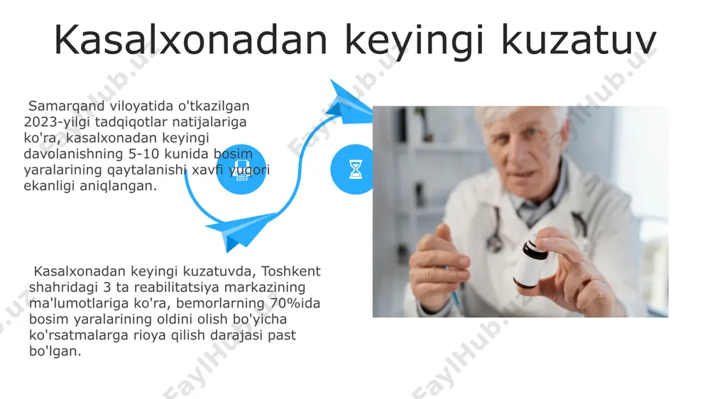 ng (jsst) maʼlumotlariga koʻra, yiliga 2,5 million odam bosim yaralaridan aziyat chekadi va zamonaviy davolash usullari, masalan, vakuum terapiyasi va gidrokolloid bandajlar yordamida 80% gacha davolanish mumkin. gel asosidagi maxsus yostiqchalarni (masalan, aqshda ishlab chiqarilgan medgel yostiqchalari) ishlatish, bosimni 90% gacha kamaytirib, terining qon aylanishini yaxshilaydi va shu orqali 3-4 balli yara hosil bo'lish ehtimolini pasaytiradi. bosimni kamaytirish uchun 30 daraja burchak ostida joylashtirilgan maxsus yostiqlarni, masalan, rohat yostiqlarini (rossiya ishlab chiqarish) qo‘llash, bemorning terisiga bosimni 70% gacha kamaytirishi mumkin. bosimni kamaytirish texnikalari rehabilitatsiya va fizioterapiya реабилитациядаги ҳаракатлиликни ошириш учун, қўлланиладиган 3 ойлик дастурларнинг натижасида андижондаги беморларда босим яраларининг олдини олиш самарадорлиги 15% га оширилди. самарқанддаги физиотерапия муолажаларидаги ультратовуш терапиясининг 1-3 мгц частоталардаги таъсири босим яраларининг шифо топишига ижобий таъсир кўрсатади, яраларнинг 70% да тезроқ битишига олиб келади. самарқанддаги физиотерапия муолажаларидаги ультратовуш терапиясининг 1-3 мгц частоталардаги таъсири босим яраларининг шифо топишига ижобий таъсир кўрсатади, яраларнинг 70% да тезроқ битишига олиб …