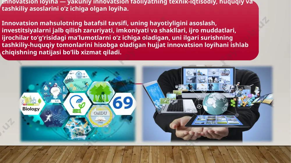 agi aniq manfaat (foyda) mavjudligi; mahsulotga boʻlgan ehtiyoj, isteʼmolchi portreti, bozor hajmi mavjudligi; loyihani amalga oshirish xarajatlari va tijorat taʼsirining nisbati; boshlangʻich kapital yoki kredit/kredit olish imkoniyatining mavjudligi; loyiha koʻlami, ijro va oʻz-oʻzini qoplash muddatlari, qoʻshimcha investitsiyalarga boʻlgan ehtiyoj; marketing strategiyasi, mahsulotni pozitsiyalash variantlari; loyiha ijrochilarining professionalligi va shaxsiy manfaati darajasi; loyihaning yuridik jihatdan himoyalanganligi — qonunchilikka muvofiqligi, sertifikatlar, litsenziyalar olish zarurligi, patentlar, mualliflik huquqi, davlat tomonidan yordam (subsidiyalar, imtiyozlar) olish imkoniyati mavjudligi. har bir innovatsion loyihada quyidagi asosiy boʻlimlar boʻlishi kerak: innovatsion loyihaning mohiyati, uning biznes jozibadorligini umumlashtiruvchi shaklda asoslash; innovatsion loyihani amalga oshiruvchi korxona. faoliyati, huquqiy maqomi, imkoniyatlari haqida toʻliq maʼlumot; mahsulot, uning xususiyatlari; mahsulotni sotish bozorlarini tahlil qilish, raqobat; innovatsion mahsulotning marketing strategiyasi; ishlab chiqarish jarayonini tashkil etish; boshqaruvni tashkil qilish; xatarlar va ularning sugʻurtasi; moliyalashtirish strategiyasi. qaror darajasiga koʻra innovatsion loyihalar quyidagilarga boʻlinadi: federal; hududiy; korxona, tashkilot darajasida qabul qilinadigan. innovatsion loyihalar qoʻllanish sohasiga koʻra quyidagicha …