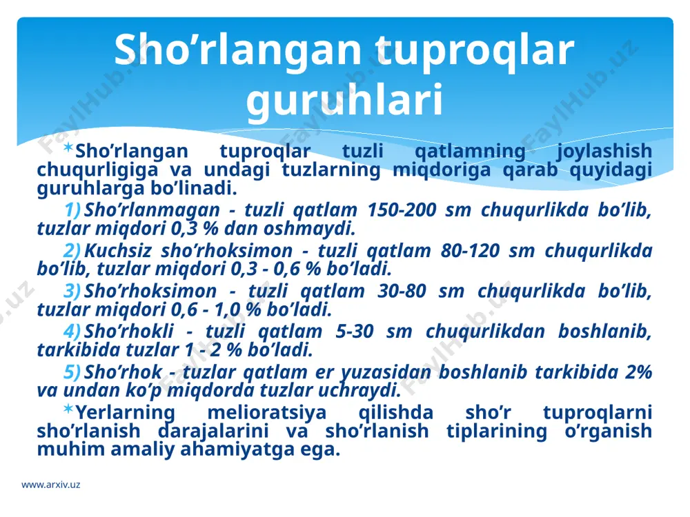 l soz va qumoq tuproqlar suglinik va loy tuproqlar gidromorf tuproqlar yengil suglinik va qumoq tuproqlar soz va loy tuproqlar >3 2-3 1-2 0,5-1 www.arxiv.uz sug’oriladigan yerlarni meliorativ holati doimo nazorat qilib boriladi. bunda: sizot suvlarining joylashish chuqurligi. sizot suvlarning minerallashganlik darajasi. tuproqning sho’rlanish darajasi aniqlanadi. sizot suv sathini nazorat qilish uchun maxsus quduqlar o’rnatiladi. quduqlar yerning meliorativ sharoitlariga va relyefiga qarab joylashtiriladi. xo’jalikning sug’oriladigan maydoni va meliorativ sharoitiga qarab kuzatish quduqlari 10-25 tagacha va undan ham ko’p bo’lishi mumkin. barcha kuzatuv quduqlari xo’jalik kartasiga tushiriladi va tartib raqami ko’rsatiladi. nazorat quduqlaridan sizot suvlar sathi xar oyda 3 marta (1, 10, 20 kunlarida) o’lchanadi. sizot suvning minerallashganlik va tuproqning sho’rlanish darajalarini aniqlash uchun bir yilda ikki marta (o’suv davrining boshida va oxirida) namunalar olinadi hamda ularni suvli so’rim tahlili qilinadi. meliorativ holatni nazorat qilish www.arxiv.uz yerni sho’rlanish va botqoqlanishining oldini olish va ularga qarshi kurashda qo’llaniladigan suv-xo’jalik tadbirlari ham muhim …