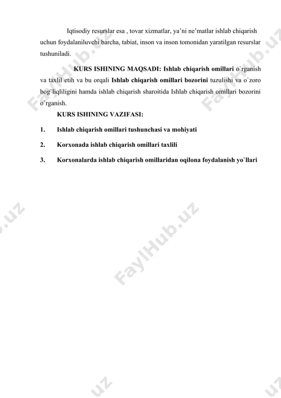 lgan. ular mehnat kishilar yashashining umumiy asosidir deb ta’riflaydilar. demak, mehnat iste’mol qiymatlarini yaratuvchi sifatida, foydali mehnat sifatida kishilarning yashashi uchun hech qanday ijtimoiy shakllarga bog‘liq bo‘lmagan holda abadiy tabiiy zaruriyatdir, mehnat bo‘lmaganda kishi bilan tabiat o‘rtasida modda almashinuvi ham mumkin bo‘lmas edi. kishilar o‘zlarining ongli maqsadga muvofiq unumli mehnati bilan tabiat moddalarining shakllarini o‘zgartiradilar va iste’moli uchun zarur bo‘lgan mahsulotni vujudga keltiradilar. mehnat jarayonida kishilar bilan tabiat o‘rtasida moddalar almashinuvi bilan birga insonning o‘zi ham har tomonlama kamol topib boradi, ya’ni kishilar o‘zining mehnatga bo‘lgan qobiliyatini, bilimini oshiradi va ularni amalda qo‘llashni kengaytirib boradi. shunday qilib, ishlab chiqarish jarayoni iste’mol qiymatlarni vujudga keltirish uchun maqsadga muvofiq qilinadigan harakatdir, tabiat yaratgan narsalarni kishi iste’moli uchun o‘zlashtirib olishdir, kishi bilan tabiat o‘rtasidagi modda almashuvining umumiy shartidir, kishi hayotining abadiy tabiiy sharoitidir. ishlab chiqarish jarayoni insoniyat taraqqiyotining hamma bosqichlariga, hamma mamlakatlarga, el-yurtlarga va xalqlarga xos bo‘lib, umuminsoniy kategoriyadir (tushunchadir). ma’lumki, bizda ish …