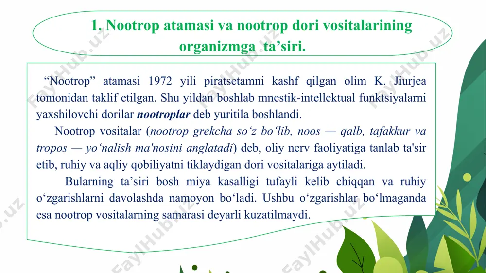 n kukun holida kapsulada, 20% li eritmasi 5 ml dan ampulada ishlab chiqariladi. ovqatdan so‘ng 1—2 kapsuladan kuniga 3—4 marta ichiladi. foto:https://www.google.com/url?sa=i&url=https%3a%2f%2fpharmaclick.uz%2fuz%2fcatalog%2fnootropnye_preparaty%2fpiratsetam_20_10ml_10_mr%2f&psig=aovvaw0uqezzvjcljzbnx4w9yn2t&ust=1726773635294000&source=images&cd=vfe&opi=89978449&ved=0cbmqjrxqfwotclc9vk-azygdfqaaaaadaaaaabay foto:https://www.google.com/url?sa=i&url=https%3a%2f%2fapteka.uz%2fuz%2fproduct%2fpiratsetam&psig=aovvaw0uqezzvjcljzbnx4w9yn2t&ust=1726773635294000&source=images&cd=vfe&opi=89978449&ved=0cbmqjrxqfwotclc9vk-azygdfqaaaaadaaaaabag piriditol ( p y r i d i t o l u m ) 0 ,0 5 —0,1 va 0,3 g dan tabletkalar, 200 ml dan sirop tarzida flakonda ishlab chiqariladi. ovqatdan so‘ng 0,1—0,3 g dan kuniga 3 marta ichiladi. foto:https://www.google.com/url?sa=i&url=https%3a%2f%2fmed-otzyv.ru%2flekarstva%2f158-p%2f29213-piriditol&psig=aovvaw3ej5dcyiykedetgittesbw&ust=1726773999619000&source=images&cd=vfe&opi=89978449&ved=0cbyqjhxqfwotcldruukbzygdfqaaaaadaaaaabae fenibut (phenibutum) tabletkada 0,25 g dan ishlab chiqariladi, 2—3 hafta davomida kuniga 3 martadan ovqatdan keyin ichiladi. foto: https://www.vidal.ru/upload/products/23056-phenybut-usolie.jpg?v=1700210090 1. aminolon (aminolonum), gamma - aminomoy kislotasi. 2. gamalate b6. majmuaviy preparat 3. piratsetam, 2-oksi-1-pirrolidin-atsetamid sinonimlari: lutsetam, metsetam, nootropil, piratsetam-darnitsa, mr-piratsetam, piratsetam-c.t., piratsetam-rg, piratsetam-remedy. 4. o’zbekiston respublikasida qayd qilingan va qo’llashga ruxsat berilgan nootrop dori vositalari (2020-yil). asosida piratsetam saqlovchi majmuaviy preparatlar: piratsetam va tsinnarizin saqlovchi: neyro-norm, neotrop, nikatrop, nootrotsin, noofezam-tai, omaron, piratsezin, fezam; piratsetam va tiotriazolin saqlovchi: mertiaksitam, tiotsetam; piratsetam va tsitikolin saqlovchi: tsitioks p. 3. …