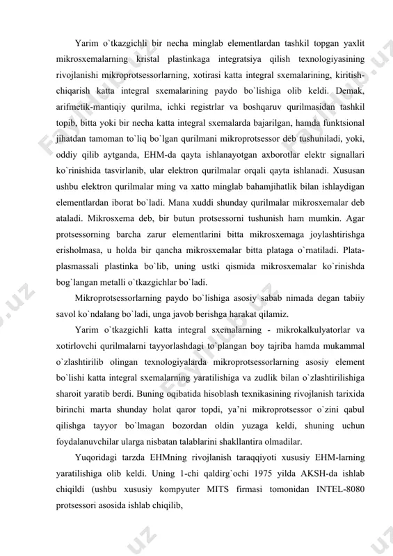 ususiy kompyuterlarning soni 30 mln. donaga o`sgan. xususiy ehm hamma harid qilish narxidagi qudratli universal instrument bo`lib, har xil sohadagi mutaxassislar aqliy mehnatining ish unumini bir necha marta oshiradi. ehm-ni xususiy ehm deb atash uchun u quyidagi asosiy talablarni qondirishi shart: 1976 yilda pol allen va bill geyts beysik tili uchun interpretator ishlab chiqqandan so`ng, xususiy kompyuterga bo`lgan talab keskin ravishda ortgan hamda uning xilma-xil turlari va ularga mos bo`lgan programmaviy ta’minotlar xosil bo`la boshlagan. 1981 yilda esa hozirgi paytda keng miqyosda tarqalgan ibm pc turidagi xususiy kompyuterlarning birinchisi ishlab chiqarilgan. kompyuterning dasturiy ta’minoti va uning asosiy turlari. dasturlarning turli xillari mavjud boʻlib, ularning har biri ma’lum bir ishni bajarishga moʻljallangan. lekin insonlarga oʻxshab, ehm lar ham qandaydir koʻrsatmalarga yoki dasturviy ta’minotga muhtoj boʻladi, chunki busiz ularning ishini, ichki va tashqi hotiralar bilan ishlashni, qoʻshimcha qurilmalarga murojaat qilishni, foydalanuvchilar bilan muloqotni va kompyuter tarkibiy qismlarining bir maromda ishlashini ta’minlash mumkin …
