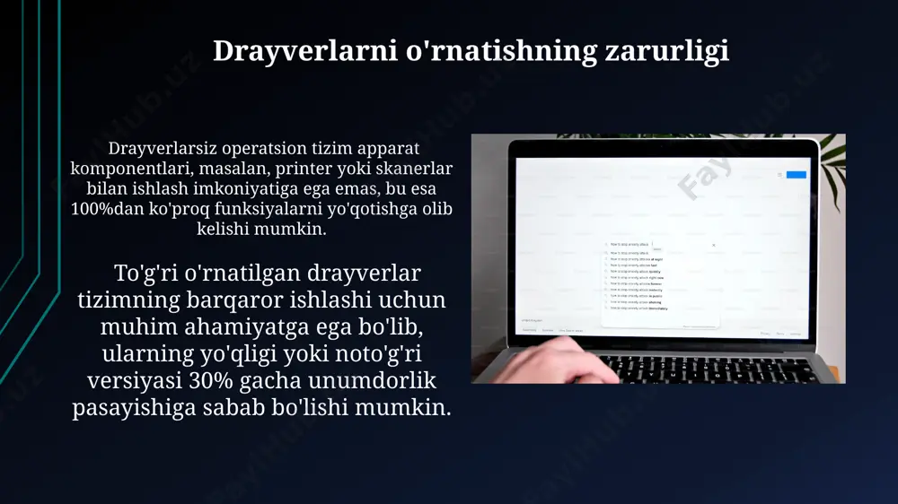 iring, so'ngra xotira sarfini va protsessor yuklamasini monitoring qiling. tizimning barqarorligini baholash uchun, blue screen of death (bsod) xatoliklarini kuzatib boring. agar 2 hafta ichida 3 tadan ko'p bsod xatosi ro'y bersa, haydovchi dasturlar bilan bog'liq muammolar mavjud bo'lishi mumkin. drayverlarni yangilash eski drayverlarni o'chirishdan oldin, yangi drayverlarni o'rnatishdan oldin, albatta, ularning zaxira nusxasini yarating, bu sizga 3-5 daqiqada bajarishingiz mumkin bo'lgan oddiy jarayon. drayverlarni yangilashda avtomatik qidiruv funksiyasidan foydalaning, bu sizga 10 dan ortiq mos keladigan drayver variantlarini taklif qilishi mumkin va siz eng mosini tanlashingiz mumkin. xavfsizlik masalalari va ehtiyot choralari o'rnatishdan keyin tizimingizni zararli dasturlardan tekshirib ko'ring va antivirus dasturlarini yangilang, chunki noto'g'ri o'rnatilgan 2-3 ta haydovchi kompyuteringizni zaiflashtirishi mumkin. haydovchi dasturlarni faqat ishonchli manbalardan, masalan, ishlab chiqaruvchining rasmiy veb-saytidan yoki obro'li dasturiy ta'minot do'konlaridan yuklab oling, chunki zararli fayllar bilan ifloslangan 3-tomon manbalar xavfi mavjud. drayverlarni avtomatik ravishda o'rnatish windows 10 operatsion tizimida 3000 dan ortiq …