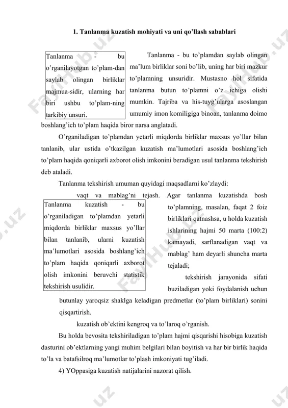 doimo boshlang’ich to’plam haqida biror narsa anglatadi. o’rganiladigan to’plamdan yetarli miqdorda birliklar maxsus yo’llar bilan tanlanib, ular ustida o’tkazilgan kuzatish ma’lumotlari asosida boshlang’ich to’plam haqida qoniqarli axborot olish imkonini beradigan usul tanlanma tekshirish deb ataladi. tanlanma tekshirish umuman quyidagi maqsadlarni ko’zlaydi: tanlanma kuzatish - bu o’rganiladigan to’plamdan yetarli miqdorda birliklar maxsus yo’llar bilan tanlanib, ularni kuzatish ma’lumotlari asosida boshlang’ich to’plam haqida qoniqarli axborot olish imkonini beruvchi statistik tekshirish usulidir. vaqt va mablag’ni tejash. agar tanlanma kuzatishda bosh to’plamning, masalan, faqat 2 foiz birliklari qatnashsa, u holda kuzatish ishlarining hajmi 50 marta (100:2) kamayadi, sarflanadigan vaqt va mablag’ ham deyarli shuncha marta tejaladi; tekshirish jarayonida sifati buziladigan yoki foydalanish uchun butunlay yaroqsiz shaklga keladigan predmetlar (to’plam birliklari) sonini qisqartirish. kuzatish ob’ektini kengroq va to’laroq o’rganish. bu holda bevosita tekshiriladigan to’plam hajmi qisqarishi hisobiga kuzatish dasturini ob’ektlarning yangi muhim belgilari bilan boyitish va har bir birlik haqida to’la va batafsilroq ma’lumotlar to’plash …