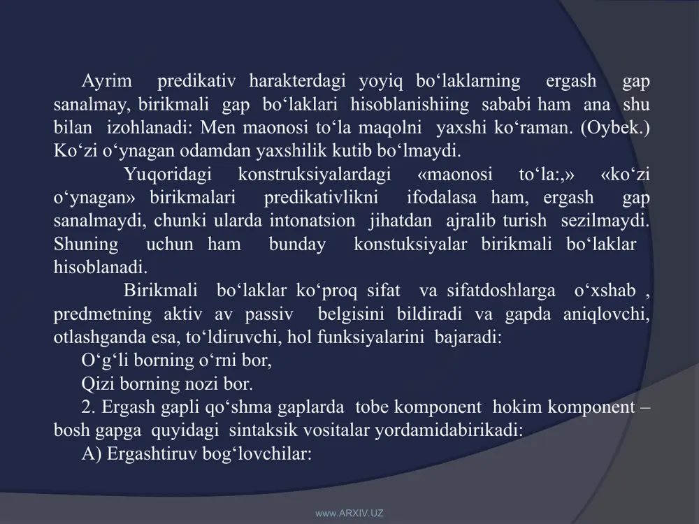 shuncha aybni ko‘tarolmadi shekilli, ovozi titrabeshitildi. (p.qodirov) shekilli bog‘lovchisi ergash gap tarkibida keladi. 7. agar bog‘lovchisi. shu bog‘lovchi shart ergash gapni bosh gapga bog‘laydi, shart ergash gap shu bog‘lovchi bilan boshlanadi. ergash gapning kesimi shart feoli formasidan ifodalanadi; agar ruhsat bo‘lsa, ketsam men. (h.olimjon) www.arxiv.uz www.arxiv.uz basharti, mobodo, bordi-yu bog‘lovchilari ham o‘zaro sinonim ravishda shart ergash gaplarni bosh gapga bog‘lash uchun xizmat qiladi. 8. garchi, xarchand, garchand bog‘lovchilari to‘siqsiz ergash gaplarni bosh gapga bog‘laydi: garchi u bu gapni ilgari eshitgan bo‘lsa ham, hozir esida yo‘q 9. go‘yo bog‘lovchisi yordamida o‘xshatish mazmunidagi ergash gaplar bosh gapga bog‘lanib keladi: go‘yo hamma uningsiridan voqif bo‘lganday, yigit qizarib ketdi. (oybek) go‘yo quyosh oyni kuzatganidek, o‘t bo‘lib orqangdan kezmoqdaman men. (uyg‘un) yuqoridagi misollardan ko‘rinib turibdiki, o‘xshatish ergash gap go‘yo bog‘lovchi bilan boshlanadi, uning kesimi «-ganday», «-ganidek» qo‘shimchali feol shakllaridan ifodalanadi. 10. toki bog‘lovchisi yordamida quyidagi ergash gaplar bosh gapga bog‘lanib keladi: a) maqsad ergash gap: …
