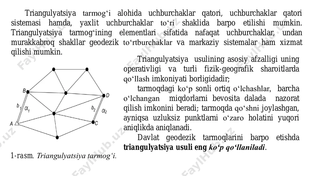 i.tomonlari oʻlchangan uchburchaklarda masofa oʻlchash nazorati umuman yoʻqligi sababli uchburchaklarda bitta ham shartli tenglama kelib chiqmaydi; tomonlari oʻlchangan geodezik toʻrtburchaklarda va markaziy sistemalarda esa atiga bittadan shartli tenglama hosil boʻladi, huddi shunday shaklli triangulyatsiyada oʻlchangan burchaklari bilan unda ancha koʻp mustaqil shartli tenglamalar paydo boʻladi: geodezik toʻrtburchakda toʻrtta, markaziy sistemada esa undan ham koʻp. 2. texnik-iqtisodiy tomondan trilateratsiya usuli triangulyatsiya usuliga yon beradi. teng sharoitlarda chiziqli oʻlchashda brigadalar shtati va transport harajatlari, burchak oʻlchashga qaraganda bir necha marta koʻp, chunki punktdan har bir oʻlchanuvchi chiziq oxiriga qaytargich oʻrnatiladi, soʻngra sveto-dalnomerni boshqa punktlarga koʻchirganda barcha ishchilarni qaytargichlar bilan boshqa punktga koʻchirishga toʻgʻri keladi, burchak oʻlchashlarda bunday ishlar talab etilmaydi. 3. mos aniqlikda burchak va chiziq oʻlchashda trilateratsiya qatori tarmoqlarida azimut uzatish aniqligi triangulyatsiyaga qaraganda ancha past boʻladi. davlat balandlik toʻri. davlat balandlik toʻri i, ii, iii, iv - klass nivelirlash toʻrlaridan iborat boʻladi. i va ii - klass nivelirlash toʻri mamlakat …