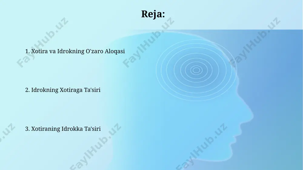 shi mumkin, bu esa ish faoliyatiga ham ta'sir qiladi. miyada travmatik shikastlanishlar, masalan, avtohalokat natijasida bosh suyagi jarohati olib kelishi mumkin bo'lgan xotira buzilishining eng keng tarqalgan sabablaridan biridir. 20% ga yaqin jarohatlar xotira muammolariga olib keladi. xotiraning turlari va bosqichlari episodik xotira (shaxsiy tajribalar) va semantik xotira (faktik bilimlar) - uzoq muddatli xotiraning ikki muhim turidir. bir kishi 7 yoshida buxoroda bo'lgan voqeani eslashi episodik xotiraga, kapitalizm tushunchasini bilishi esa semantik xotiraga misol bo'la oladi. xotira turlari 3 taga bo'linadi: sensorli (1-4 soniya davom etadi), qisqa muddatli (20-30 soniya) va uzoq muddatli xotira (cheksiz). uzoq muddatli xotira samarqanddagi tarixiy obidalar haqidagi ma'lumotlarni yillar davomida saqlash imkonini beradi. idrok xatolari va illyuziyalar xotira xatolari, masalan, 7 ± 2 qoida bilan izohlanadigan qisqa muddatli xotiraning cheklangan sigʻimini aks ettirib, koʻpincha kundalik hayotda, hattoki toshkent kabi gavjum shaharlarda ham kuzatiladi. müller-lyer illyuziyasi kabi vizual illyuziyalar, ikkita teng uzunlikdagi chiziqni turlicha qabul qilishga …