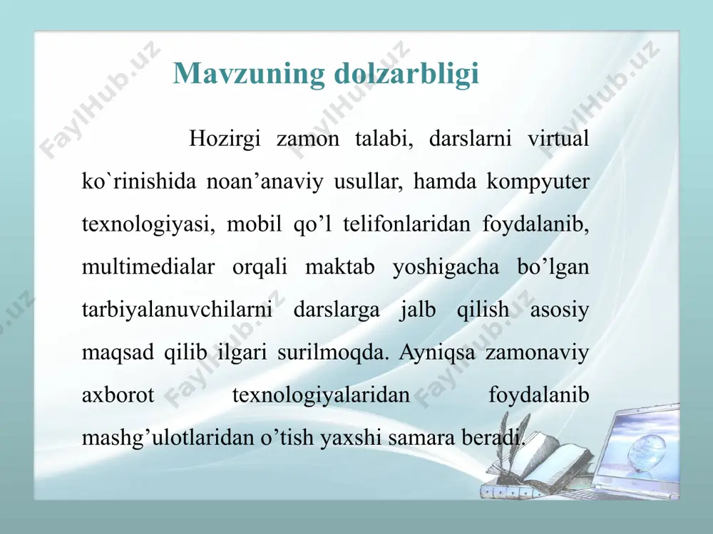 ilish imkoniyatini yaratish. i bob. mobil ilovalar manbalarini yaratish texnologiyalari 1. o‘zbekiston respublikasi maktabgacha ta’lim muassasalari va ularning faoliyati 2. davlat maktabgacha ta’lim tashkilotlari xaqida 3. mobil ilovalar uchun qo’yiladigan talablar i i bob. davlat maktabgacha ta’lim tashkilotlari uchun “ ilk qadam ” mobil ilovasini ishlab chiqish 2. davlat maktabgacha ta’lim tashkilotlari uchun “ ilk qadam ” mobil ilovasini ishlab chiqish 3. . davlat maktabgacha ta’lim tashkilotlari uchun “ ilk qadam ” mobil ilovasini tasnifi 1. maktabgacha ta’lim tashkilotlari tarbiyalanuvchilarining bilimlarini nazorat qilishda qo’llaniladigan texnologiyalar dasturning dastlabki ko`rinishi dasturning dastlabki ko’rinishi iii bob. tajriba-sinov ishlari va uning natijalari-ning taxlili 1. maktabgacha ta’lim tashkilotlari uchun yaratilgan mobil ilovada tajriba sinov ishlari 2. maktabgacha ta’lim tashkilotlari uchun yaratilgan mobil ilovaning tajriba-sinov ishlari va uning natijalari tahlili maktabgacha ta’lim tarbiyalanuvchilari uchun yaratilgan mobil ilovamning tajriba sinov ishlarini toshkent shahar chilonzor tumani lutfiy ko’chasi 10-uyda joylashgan "mega child" xususiy bolalar bog'chasida olib bordim. . …