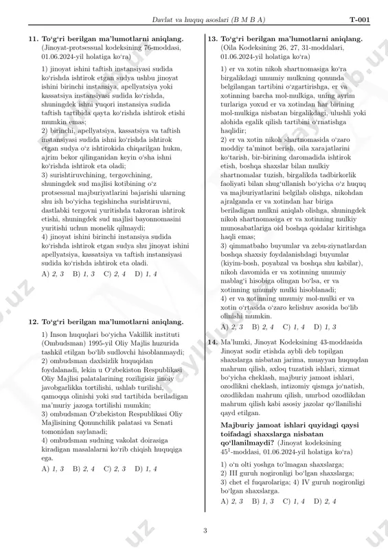 publikasi konstitutsiyasining fuqarolik jamiyati institutlari bobiga oid? 1) jamoat birlashmalarini tarqatib yuborish, ularning faoliyatini taqiqlab yoki cheklab qo‘yish faqat sud qarori asosidagina amalga oshiriladi; 2) o‘zbekiston respublikasi o‘z hududida istiqomat qiluvchi millat va elatlarning tillari, urf-odatlari va an’analari hurmat qilinishini ta’minlaydi, ularning rivojlanishi uchun sharoit yaratadi. 3) davlat nodavlat notijorat tashkilotlarining huquqlari va qonuniy manfaatlariga rioya etilishini ta’minlaydi, ularga jamiyat hayotida ishtirok etish uchun teng huquqiy imkoniyatlar yaratadi; 4) davlat organlari tomonidan insonga nisbatan qo‘llaniladigan huquqiy ta’sir choralari mutanosiblik prinsipiga asoslanishi va qonunlarda nazarda tutilgan maqsadlarga erishish uchun yetarli bo‘lishi kerak. a) 1, 3 b) 1, 4 c) 2, 4 d) 2, 3 10. o‘zbekiston respublikasi jinoyat kodeksining 148-moddasi. ayolni homiladorligi yoki shaxsni yosh bolani parvarish qilayotganligini bila turib, uni ishga olishdan g‘ayriqonuniy ravishda bosh tortish yoki ishdan bo‘shatish, bazaviy hisoblash miqdorining yigirma besh baravarigacha miqdorda jarima yoki uch yilgacha muayyan huquqdan mahrum qilish yoxud uch yilgacha axloq tuzatish ishlari …