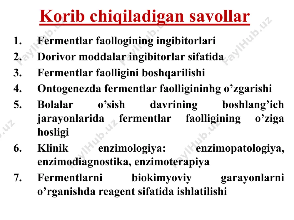 tf → lipazaoro3n2 + adf adenilatsiklaza tizimi qisman proteoliz yоli bilan boshqarilish. fermentlar faolligini hujayra ichi boshqarilishi lipaza faolligini fosforillanish yоli bilan boshqarilish adenilatsiklaza tizimi. nofaol ferment-oqsil kompleksini dissotsiatsiyasi retseptor bilan boglanish mexanizmi qisman proteoliz yо’li bilan boshqarilishi oshqozon osti bezida sintezlangan tripsinogen ichakda tripsinga aylanadi: enteropeptidaza tripsinogen →tripsin q val-(acn) -lys peptid boglarini uzilishi va ingibitorni olib tashlanishi oqsil molekulasi konformatsiyasini оzgartiradi va faol markaz shakllanadi. tоqima va a’zolarning ferment tarkibi, organospetsifik fermentlar har bir tоqima va a’zo ma’lum bir оziga xos funksiyalarni bajaradi. bu undagi fermentlar tarkibi bilan bogliq. organospetsifik fermentlar – bu faqatgina ma’lum bir tоqimaga xos bоlgan fermentlardir. masalan: gistidaza, urokaninaza jigarga xos; glitsinamidinotransferaza buyrakka xos; kfk ning yurak fraksiyasi, ldg1 kardiomiotsitlarga xos; kfk ning miya fraksiyasi miya tоqimasiga xos va boshqalar. ontogenezda fermentlar faolligini оzgarishi turli xil a’zo va tоqimalarning оsishi, rivojlanishi va differensirovkasida fermentlar tarkibi оzgarib boradi. masalan: gоdak bolalar oshqozonida ferment renin, ichagida …