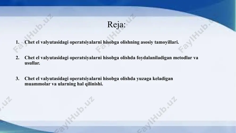 , hisob-kitoblar to'liq va huquqiy asosda ro'yxatga olinadi, bu esa operatsiyaning qonuniyligini ta'minlaydi va soliqlarni to'liq to'lashni osonlashtiradi. chet el valyutasidagi operatsiyalarni hisobga olishda foydalaniladigan metodlar va usullar. valyuta kursini hisoblash: chet el valyutasidagi operatsiyalarni hisobga olishda eng muhim metodlardan biri bu valyuta kursini hisoblashdir. bu metodda, operatsiyalarni amalga oshirish vaqtida belgilangan valyuta kursi asosida xarajatlar va daromadlar hisobga olinadi. kursning o'zgarishlarini kuzatish va vaqtida yangilab borish talab etiladi. valyutani qayta baholash: valyuta kursi o'zgarishi tufayli, valyutalashgan aktivlar va passivlarni qayta baholash zarur. bunda, aktivlar va passivlarning balans qiymati doimiy ravishda valyuta kursiga mos ravishda yangilanadi. valyutalashgan hisob-kitoblar: chet el valyutasidagi operatsiyalarni hisobga olishda valyutalashgan hisob-kitoblar keng qo'llaniladi. bu metodda, barcha xarajatlar va daromadlar valyuta birligida hisoblanadi, va hisob-kitoblar o'zgarishiga qarab qayta baholanadi. bunda, hisob-kitoblarni har bir valyutaga mos ravishda alohida qayd etish muhimdir. valyutani integratsiya qilish: bu usulda, chet el valyutasidagi operatsiyalarni hisobga olishning yagona tizimi ishlab chiqiladi. bunda, …