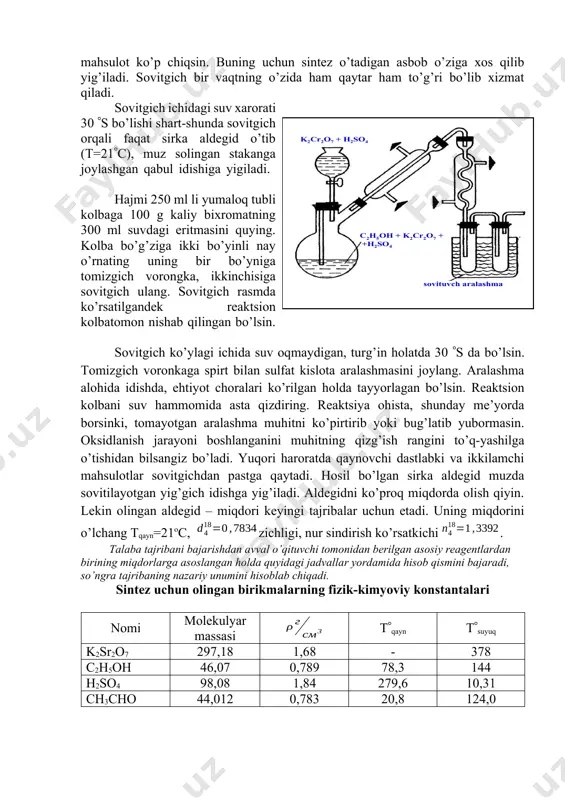 lan zich berkitiladi. gaz o’tkazuvchi nayning uchi 1,5-2 ml suv solingan yig’gich probirkaga botirib qo’yiladi. dastlab probirkaning barcha qismini bir tekis isitib, havo siqib chiqariladi, keyin probirkaning modda solingan pastki qismi kuchli qizdiriladi. bunda kalsiy asetat tuzi asetonga va kalsiy karbonat tuziga parchalanadi. yig’gich probirkadagi suyuqlikning hajmi ikki marta ko’payguncha aralashma 5-7 minut chamasi qizdirib turiladi. aseton hosil bo’lganligini o’ziga xos hididan yoki libenning yodoform namunasi usuli bilan quyidagicha bilib olinadi. hosil bo’lgan aseton eritmasidan bir qismini boshqa probirkaga solib, unga ozroq yod kukuni, so’ngra natriy gidroksidning 10% li eritmasidan yod rangsizlanguncha tomchilab qo’shiladi. bunda yodoform kristallari hosil bo’ladi. yodoformning hosil bo’lish reaksiyasi quyidagicha bosqichlar bilan boradi. dastlab yodning ishqor bilan reaksiyasida natriy gipoyodid hosil bo’ladi. 3-tajriba. gliserinni degidratlab akrolein hosil qilish. a). quruq probirkaga 1 sm qalinlikda khso4 kukuni solinadi va unga 2 tomchi gliserin tomiziladi. aralashma akroleinning o’tkir o’yuvchi hidli og’ir bug’i hosil bo’lguncha kuchli qizdiriladi. (ehtiyot bo’lib …