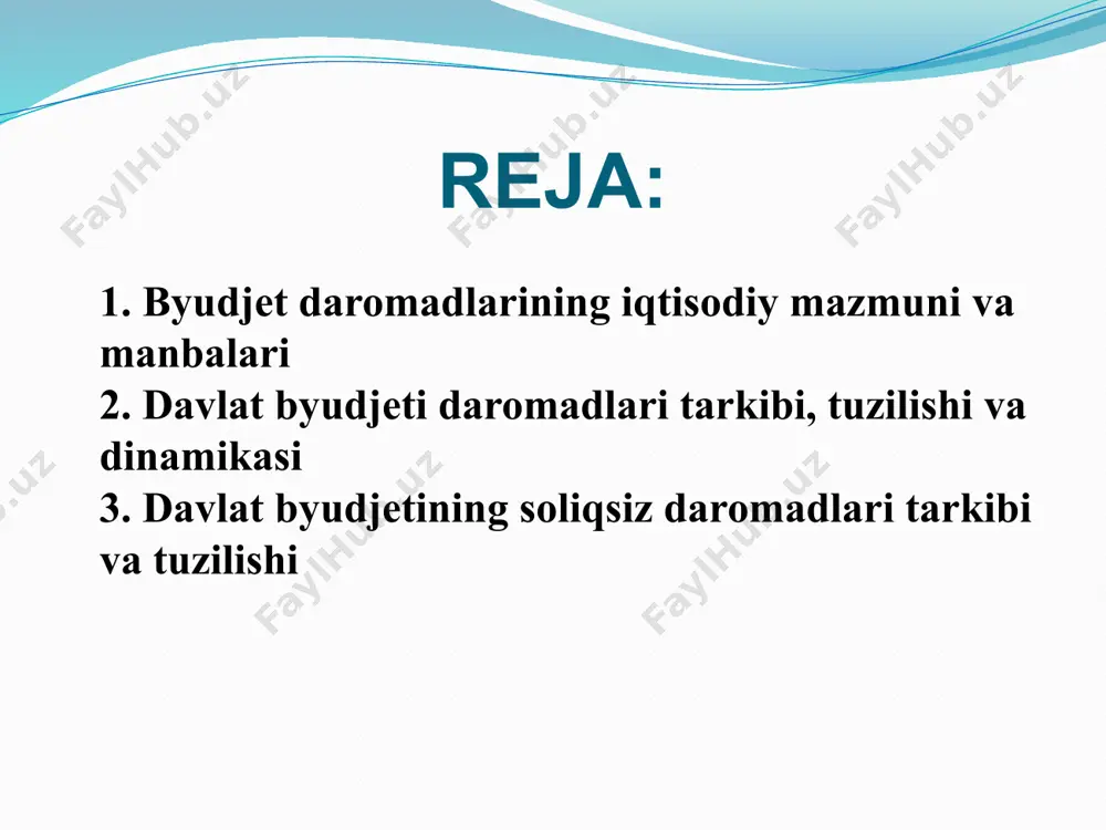 qlar davlat krediti pul emissiyasi davlat krediti - bu davlat qarz oluvchi, kreditor va kafil bo'lgan taqdirda, davlat uning hokimiyati va boshqaruvi va yuridik shaxslar, shuningdek jismoniy shaxslar o'rtasidagi moliyaviy munosabatlar yig'indisidir. milliy daromadni qayta taqsimlashning asosiy usuli soliqlar hisoblanadi. ular yordamida byudjet daromadlarining asosiy qismi shakllantiriladi. turli mamlakatlar markaziy byudjetlarining daromadlarida soliq tushumlari qariyb 60-95 foizni tashkil etadi. byudjet daromadlarining asosiy qismi soliqlar yordamida byudjetga undirilishi tufayli ularga nisbatan bu jarayonda quyidagi prinsiplardan foydalaniladi: - soliqlarning byudjetga undirilishi mamlakat milliy daromadi va milliy boyligi manbalarining tugashiga olib kelmasligi; - soliqlar ularni to’lovchilar o’rtasida teng (adolatli) taqsimlanishi; - soliqlarning ishlab chiqaruvchilar aylanma fondlari hajmiga salbiy ta‘sir ko’rsatmasligi; - soliqlarning sof daromadga nisbatan hisoblanishi; - davlat uchun soliqlarning undirilishi iloji boricha arzonroq bo’lishi; - soliqlarning undirilish jarayoni xususiy sektorni siqib chiqarmasligi. davlat byudjeti daromadlarining amal qilish mexanizmi haqida so’z borar ekan, avvalo byudjet daromadlarining nazariy asoslariga to’xtalish maqsadga muvofiqdir. ayrim adabiyotlarda, …