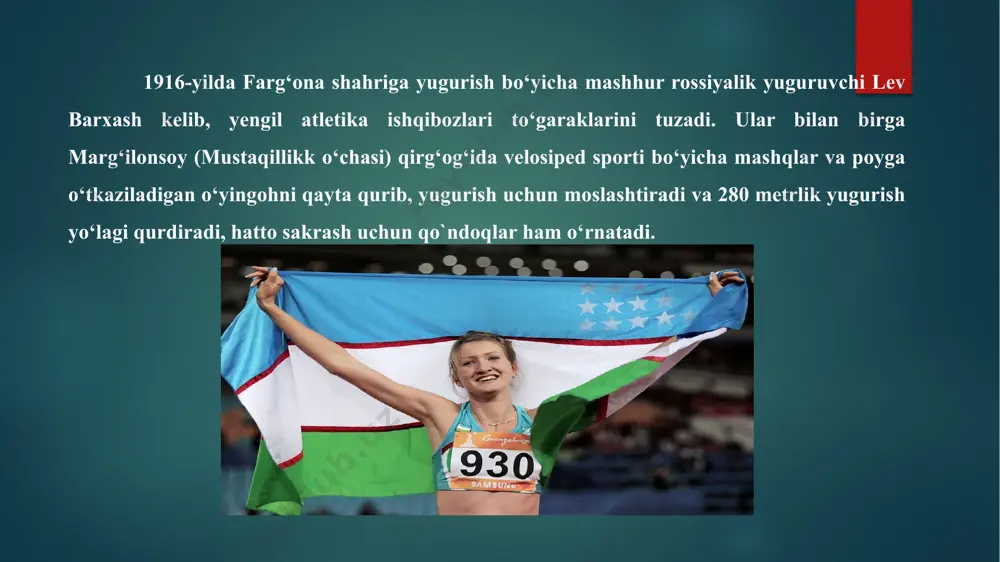 asosan, erkaklar ishtirok etib, sportning 11 turi b o ‘yicha bellashuvlar bomdi. ayollar musobaqasi faqat uch tu r b o ‘yicha o ‘tkazildi. spartakiadada putsillo 100 va 400 metrga yugurish b o ‘yicha, a. borisov balandlik va uzunlikka sakrash b o ‘yicha va g. kotsarev nayza otish bo'yicha g ‘oliblikni q o ‘lga kiritdilar. 1945-yil sentabrda 0 ‘zbekiston spartakiadasi dasturi b o ‘yicha ,,spartak“ stadionida yengil atletika musobaqasida 150 nafar sportchi ishtirok etgan. toshkentda jismoniy tarbiya va sport texnikumi negizida 1955- yil 0 ‘zbekiston davlat jismoniy tarbiya instituti tashkil etildi. 1950-yillarda respublika terma jamoasi qobiliyatli sportchilar bilan t o ‘la boshladi. jamoa safiga l. sklyarova, v. rodenko, l. treb u x in a , a. m in in a , a. pugacheva, v. tushkov, a. xolmanskaya, g. senkin, a. chexonin, y. puzanov, v. putsillo, y. krasilnikov, n. haydarov, l. moisenko, i. chuvilin, v. lomakin, t. bondarenko, s. gudoshnikova (pavlova), v. …