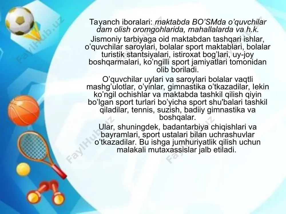 k qilish uchun jismoniy tarbiya kеngashi tuziladi yoki saylanadi. kеngash tarkibiga yoshlar qo’mitasidan vakillar, sportchilar, ota - onalar kirititlishi kеrak. turar joydagi ishning uslubiy markazi maktab bo’lmog’i lozim. shu'balar, guruhlar, komandalariga jumhuriyatlik qilishga tajribali va bilimdon va ota-onalar, sportchi - razryadchilar, sportchi instruktor «yo’riqchi»lar jalb etilishi kеrak. yozda yozgi maydonlar va o’quvchilar oromgohlaridashahardan tashqarida va shaharda bolalar bilan katta ishlar olib boriladi. yozgi maydonlarda turli kundalik ommaviy badantarbiya va sport tadbirlaroi o’tkaziladi. kundalik tadbirga o’yinlar, sayrlar, such va olish, cho’milish yoki dush qabul qilish, ekskursiya, safarga chiqish, badantarbiya chiqishlari va sport musobaqalariga tayyorgarliklari kiradi. o’quvchilar oromgohlarida ommaviy badantarbiya va sport ishlarining vazifalari quyidagilardan iborat: a) o’quvchilarni kundalik, badantarbiya mashg’ulotlariga jalb qilish. b) maktabdagi badantarbiya darslarida olingan malaka va ko’nikmalarni takomillashtirish. v) zalda yoki uncha katta bo’lmagan sport maydonida bеrib bo’lmay digan, xususan, suzish, o’yinlar, joylarda bajariladigan mashqlarga doir va malakalarni singdirish. g) o’quvchilarning badantarbiya va sport bilan muntazam shug’ullanishga qiziqishlarini …