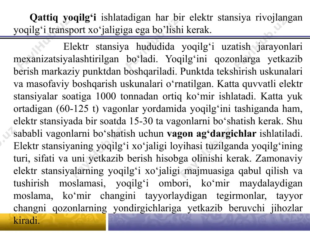 ari ishlatiladi. o‘ta qizigan bug‘ ko‘rsatkichlari uning bosimiga va haroratiga bog‘liq. iesda o‘rnatiladigan qozonlar, bosimi bo‘yicha uch xilga bo‘linadi: o‘rta (10 mpa gacha), yuqori (14 mpa) va o‘ta yuqori (25 mpa) bosimli qozonlar. bug‘ qozoni va bug‘ turbinasi energetik blokni tashkil etadi. ies da quriladigan bloklar 300, 500, 800 va 1200 mvt quvvatiga ega bo‘ladi. qozonlar markasida p belgisi ko‘rsatilsa, u to‘g‘ri oqimli, e - tabiiy sirkulatsiyali, pr - majburiy sirkulatsiyali, pp — to‘g‘ri oqimli oraliq bug‘ o‘taqizdirgichli, ep - tabiiy sirkulatsiyali oraliq bug‘ o‘taqizdirgichli qozon bo‘ladi. masalan, p-950-255 markali qozon quyidagini bildiradi: to‘g‘ri oqimli, bug‘ unumdorligi soatiga 950 tonna, o‘ta qizigan bug‘ bosimi 25 mpa (255 kgs/sm2), qattiq yoqilg‘i ishlatiladi. agar markadan keyin m belgisi ko‘rsatilsa - suyuq yoqilg‘i, g - gaz, gm - gaz va mazut ishlatiladi. shartli yoqilg‘i shartli yoqilg‘i yonish issiqligi - qattiq, suyuq yoki gazsimon yoqilg‘i to‘la yonganda ajraladigan issiqlik miqdorini bildiradi. yonish issiqligining quyi, …
