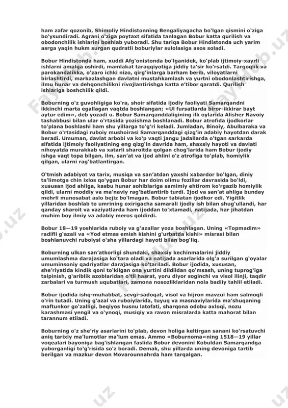 boniyxon katta kuch to‘plab, yana samarqandga yurish boshlaydi. 1501 yil aprelda zarafshon bo‘yidagi saripul qishlog‘i yaqinida bo‘lgan jangda bobur qo‘shinlari yengiladi. bobur samarqandga chekinadi. shahar yana qamal qilinib, u to‘rt oy davom etadi. qamalda qolgan shahar aholisining ochlikdan tinkasi quriydi, bobur 1501 yilning 2-yarmida noilojlikdan samarqandni tark etib, toshkentga, mahmudxon huzuriga yo‘l oladi. bobur temuriylar saltanatini himoya qilish va uni saqlab qolish uchun astoydil harakat qilib, shayboniyxonga qarshi bir necha yil davomida muttasil kurash olib borsa-da, ammo mamlakatda hukm surgan og‘ir iqtisodiy tanglik va siyosiy parokandalik sharoitida maqsadiga erisha olmaydi. 1503 yil toshkent xoni mahmudxon, bobur va qalmoqlarning birlashgan qo‘shini shayboniyxon tomonidan sirdaryo bo‘yida tormor qilinadi. bobur samarqand taxti uchun kurashayotgan paytda andijonni sulton ahmad tanbal egallab oladi. 1501—04 yillarda bobur farg‘ona mulkini qaytarib olish uchun sulton ahmad tanbal, jahongir mirzolarga qarshi olib borgan kurashi muvaffaqiyatsizlik bilan tugaydi. temuriylarning to‘xtovsiz janglari va og‘ir soliqlaridan toliqqan xalq boburni qo‘llamadi va u …