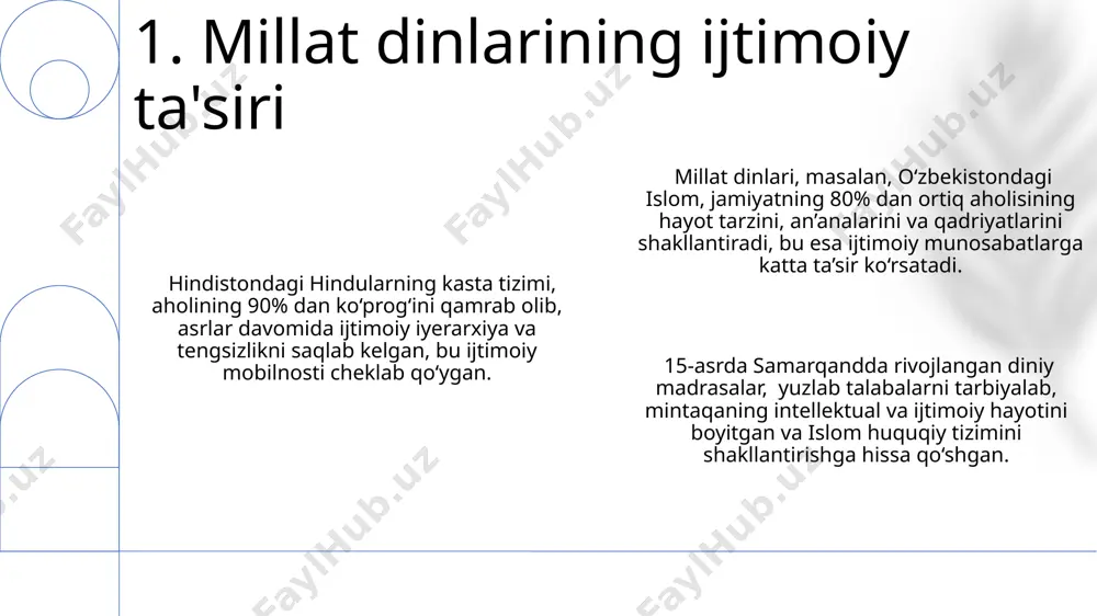 kun davom etadi va islom taqvimiga bog‘liq bo‘lib, qur’on o‘qish va xayriya ishlarini kuchaytirish bilan birga amalga oshiriladi. millat dinlarining marosimlari, masalan, hindistondagi hindularning diwali bayrami, 5 kun davom etadi va nur, yaxshilik va yomonlik ustidan g‘alaba qozonishni ramz qiladi, 200 dan ortiq turli xil marosimlarni o‘z ichiga oladi. 7. millat dinlarining marosimlari va urf-odatlari butun dunyo boʻyicha taxminan 2 milliarddan ortiq odam xristian diniga e’tiqod qiladi, bu esa janubiy amerika, afrika va evropaning turli mamlakatlarida bu dinning keng tarqalganligini tasdiqlaydi. oʻzbekiston respublikasida 2023-yilgi aholini roʻyxatga olish ma’lumotlariga koʻra, 93% dan ortiq aholi musulmon boʻlib, sunniy mazhabga mansubdir. bu, oʻrta osiyo mintaqasidagi eng keng tarqalgan din hisoblanadi. hindiston kabi koʻp millatli davlatlarda hindular, musulmonlar, sikxlar va xristianlar kabi turli dinlar 1 milliarddan ortiq aholining 75% dan koʻprogʻini tashkil qiladi, bu esa global miqyosda dinlarning murakkab taqsimlanishini koʻrsatadi. 8. eng keng tarqalgan millat dinlari e'tiboringiz uchun rahmat @taqdimot_robot image1.png image2.png image3.png …