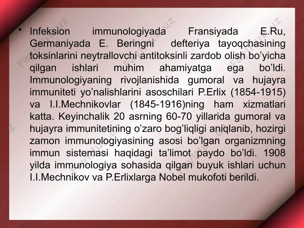bunda bir turdagi hayvonlar ikkinchi bir turdagi hayvonlarning yuqumli kasalliklariga chidamli bo’lishadi. masalan, otlarda yirik shohli hayvonlar o’lati, cho’chqa o’latiga tabiiy, tug’ma turiga xos immuniteti bo’lganligi cababli ular bilan kasallanmaydilar. tabiiy tug’ma absolyut immunitet absolyut va nisbiy bo’lishi mumkin. absolyut immunitetda ma’lum bir turdagi hayvonda hech qaysi sharoitda zararli materialning hech qanday dozalarida kasallik paydo bo’lmaydi. nisbiy turga xos immunitetda tashqi muhit sharoitining o’zgarishi yoki qo’zg’atuvchi dozasining yuqori bo’lishi bilan paydo bo’lgan immunitet uzilishi mumkin. organizmning nomaxsus rezistetlik faktorlari. odam va hayvon organizmi patogen mikrobning kirishiga to’sqinlik qiladigan, o’ldiradigan yoki organizmdan tezlik bilan chiqarib yuboradigan bir qancha tabiiy himoya qilish anatomik va fiziologik faktorlarga – xususiyatlarga ega. ular teri, shilimshiq pardalar, limfa bezlari, jigar, taloq, plasenta, qon tomirlar, ichak va oshqozon shirasi (hcl), lizosim moddasi, o’t, fagositoz va gumoral faktorlar organizmni mikrobdan himoya qiluvchi to’siq sifatida xizmat qiladi. fagositoz. immunitet haqidagi ta’limotda fagasitozning muhim o’rni bor. birinchi bo’lib i.i. mechnikov …