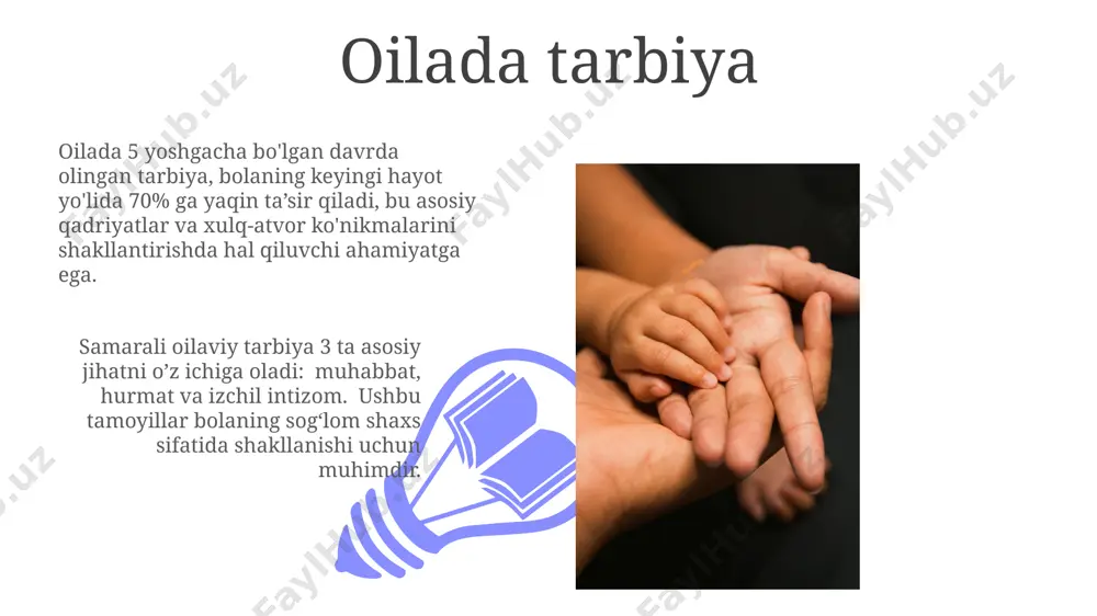 moyilga, ya'ni mehr-oqibat, birdamlik, mas'uliyat, qat'iyatlilik va saxovatlilikka asoslanadi. oilaviy farovonlikka erishish uchun 3 ta muhim omil: oila a'zolarining o'zaro munosabatlari, moliyaviy barqarorlik va sog'lom turmush tarzini qabul qilish. oila va jamiyat oiladagi bolalar sonining demografik ko'rsatkichlarga ta'siri, ya'ni tug'ilish darajasi va aholining o'sish sur'ati bilan bog'liq murakkab ijtimoiy-iqtisodiy omillarni o'z ichiga oladi. oilaviy qadriyatlarning 5 ta asosiy elementi – hurmat, sevgi, birdamlik, mas'uliyat va qo'llab-quvvatlash – jamiyatning axloqiy salohiyatini belgilaydi. oila turlari 01 02 statistik ma'lumotlarga ko'ra, dunyo bo'yicha oila tuzilmalarining taxminan 70% ni yadro oilalar tashkil etadi, qolgan 30% esa turli xil shakldagi kengaygan oilalar hisoblanadi, bu esa demografik o'zgarishlarning ta'sirini aks ettiradi. sales 1st qtr 2nd qtr 100 0 sales 1st qtr 2nd qtr 100 0 e'tiboringiz uchun rahmat @taqdimot_robot image4.jpg image5.jpg image6.jpg image7.jpg image8.jpg image9.jpg image10.jpg image11.jpg image12.jpg image13.jpg image14.jpg image15.jpg image1.jpeg image2.jpeg image3.jpeg