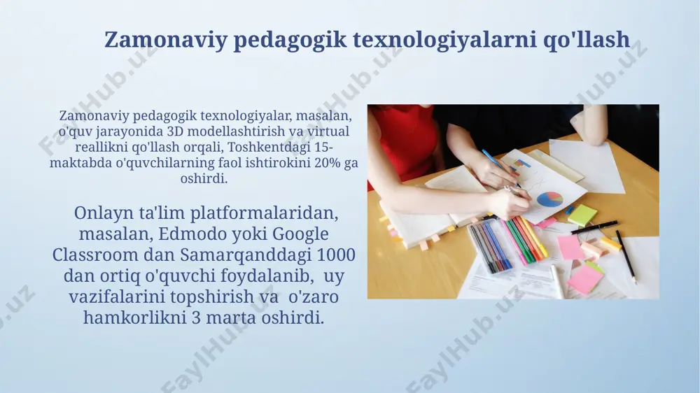 amiyatga nisbatan mas’uliyat hissini kuchaytirishga qaratilgan. davlat ta'lim standartlari va tarbiya jarayoniga ta'siri 2022 yilda qabul qilingan o‘zbekiston respublikasi prezidentining farmoni davlat ta'lim standartlarini zamonaviylashtirish va ularning tarbiya jarayoniga ta'sirini kuchaytirishga qaratilgan bo‘lib, ta'lim sifatining yaxshilanishiga 15% hissa qo'shishi kutilmoqda. davlat ta'lim standartlari 2020 yildan boshlab o‘zbekistonning barcha umumta'lim maktablari uchun yagona tarbiya dasturlarini belgilashda muhim rol o‘ynadi, bu esa 1-11 sinf o'quvchilarining axloqiy-ma'naviy tarbiyasini yaxshilashga qaratilgan. baholash va monitoring самарқанд вилоятидаги мактабларда 2022 йилда жорий этилган янги баҳолаш ва мониторинг тизими 10% га ўқув ютуқларини оширишга ёрдам берди. андижон вилоятидаги 5 та мактабда амалга оширилган баҳолаш ва мониторинг жараёнларини таҳлил қилиш натижасида, ўқувчиларга индивидуал ёндашув 15% га оширилди. umumiy o'rta ta'lim tizimidagi tarbiya jarayonini tashkil etishning maqsadi va vazifalari umumiy o'rta ta'lim tizimidagi tarbiya jarayoni 10-11 yoshdagi o'quvchilarning shaxsiy rivojlanishiga, ijtimoiy moslashuviga va 21-asr ko'nikmalarini egallashiga qaratilgan holda, toshkent kabi yirik shaharlarda samarali amalga oshirilishi kerak. o'quvchilarning intellektual, axloqiy, …