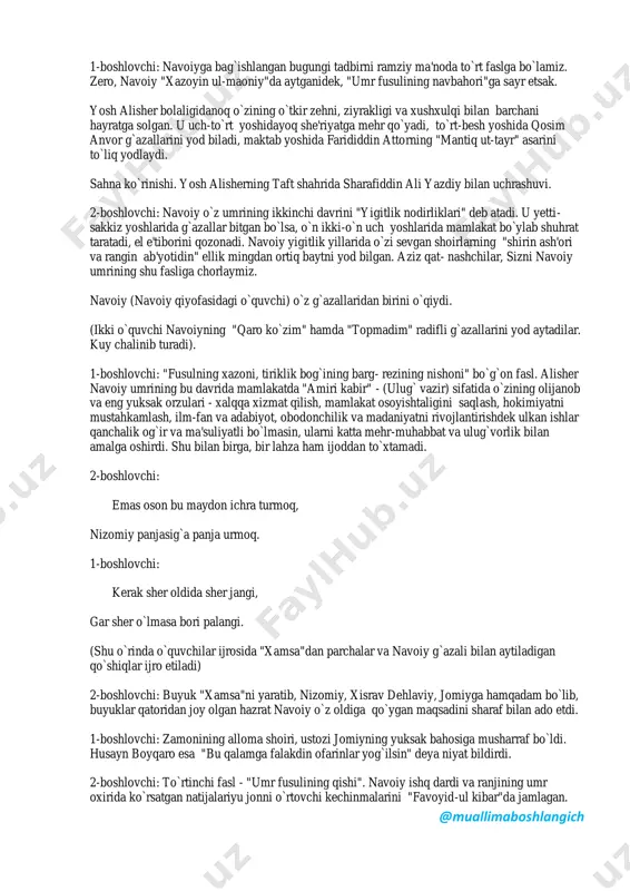 bu davrida mamlakatda "amiri kabir" - (ulug` vazir) sifatida o`zining olijanob va eng yuksak orzulari - xalqqa xizmat qilish, mamlakat osoyishtaligini saqlash, hokimiyatni mustahkamlash, ilm-fan va adabiyot, obodonchilik va madaniyatni rivojlantirishdek ulkan ishlar qanchalik og`ir va ma'suliyatli bo`lmasin, ularni katta mehr-muhabbat va ulug`vorlik bilan amalga oshirdi. shu bilan birga, bir lahza ham ijoddan to`xtamadi. 2-boshlovchi: emas oson bu maydon ichra turmoq, nizomiy panjasig`a panja urmoq. 1-boshlovchi: kerak sher oldida sher jangi, gar sher o`lmasa bori palangi. (shu o`rinda o`quvchilar ijrosida "xamsa"dan parchalar va navoiy g`azali bilan aytiladigan qo`shiqlar ijro etiladi) 2-boshlovchi: buyuk "xamsa"ni yaratib, nizomiy, xisrav dehlaviy, jomiyga hamqadam bo`lib, buyuklar qatoridan joy olgan hazrat navoiy o`z oldiga qo`ygan maqsadini sharaf bilan ado etdi. 1-boshlovchi: zamonining alloma shoiri, ustozi jomiyning yuksak bahosiga musharraf bo`ldi. husayn boyqaro esa "bu qalamga falakdin ofarinlar yog`ilsin" deya niyat bildirdi. 2-boshlovchi: to`rtinchi fasl - "umr fusulining qishi". navoiy ishq dardi va ranjining umr oxirida ko`rsatgan …