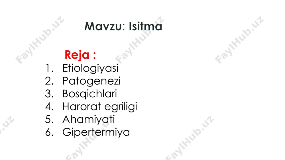 rivojlanadi • tolerantlik rivojlanmaydi • gipotalamusdagi termoregulyatsiya markaziga bevosita kiritilganda isitma chaqirmaydi • isitma chaqiradi • m: bakteriya toksinlari, zamburug` mahsulotlari • m: il-1, il-6, tnf xulosa ● birlamchi pirogen –> leykotsit –> ikkilamchi pirogen –> termoregulyatsiya markazi m: bakteriya –> neytrofil va makrofag –> il-1 –> termoregulatsiya markazi –> isitma ►ma`lumot: agar neytrofil va makrofag fagotsitar faolligi buzilgan bo`lsa (leykopeniya), birlamchi pirogen isitma chaqirmaydi termoregulyatsiya markazi: gipotalamusdagi ✓ oldingi guruh yadrosi n.opticus ✓ oraliq guruh yadrolari n.ventromedialis, n.dorsomedialis ● bu yadrolarda funksional jihatdan 4 guruh neyron bor: 1. ‘termostat’ neyronlari 2. ‘o`rnatuvchi nuqta’ 3. issiqlik hosil qiluvchi markaz 4. issiqlik ajratuvchi markaz patogenezi 1. ‘termostat’ neyronlari − termosezgir neyronlar bunda • gipotalamusdan o`tayotgan qon haroratini sezadi • teri va ichki a`zolardagi periferik termoretseptorlardan axborot qabul qiladi − tananing o`rtacha haroratini aniqlaydi 2. ‘’o`rnatuvchi nuqta’’ ● ‘’termostat’’ dan axborot oladi ● ma`lum dasturlashtirilgan harorat bor va tanani shu tempraturada doimiy …
