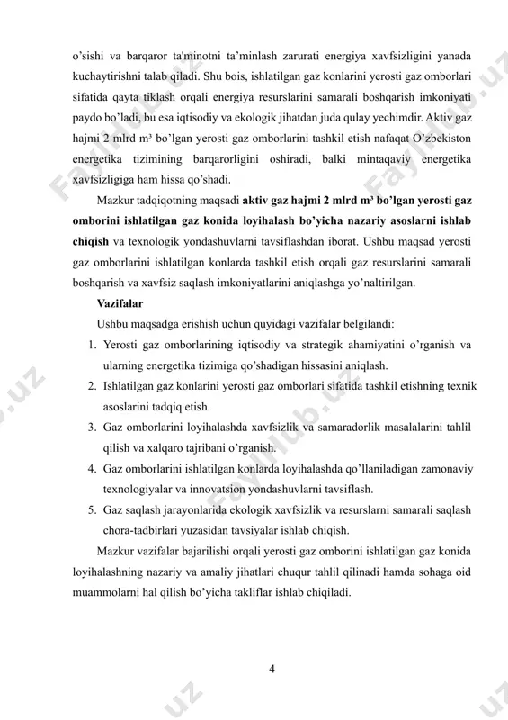 orlarini ishlatilgan konlarda loyihalashda qo’llaniladigan zamonaviy texnologiyalar va innovatsion yondashuvlarni tavsiflash. 5. gaz saqlash jarayonlarida ekologik xavfsizlik va resurslarni samarali saqlash chora-tadbirlari yuzasidan tavsiyalar ishlab chiqish. mazkur vazifalar bajarilishi orqali yerosti gaz omborini ishlatilgan gaz konida loyihalashning nazariy va amaliy jihatlari chuqur tahlil qilinadi hamda sohaga oid muammolarni hal qilish bo’yicha takliflar ishlab chiqiladi. ii. asosiy qism 2.1. ishlatilgan gaz konlarida yerosti gaz omborining tuzilishi va funksiyalari yerosti gaz omborlari tabiiy gazni uzoq muddatli saqlash va energetika tizimlarining uzluksiz ishlashini ta’minlashda muhim rol o’ynaydi. tabiiy gaz iste’moli mavsumiy tebranishlarga ega bo’lib, qish mavsumida yuqori darajada o’sadi va issiq mavsumda pasayadi. shuning uchun, gazning barqaror ta’minotini saqlab qolish va istalgan vaqtda ta’minlashni kafolatlash uchun yerosti gaz omborlari qulay yechim hisoblanadi. ular mavsumiy talab o’zgarishlarini qondirish, energetik xavfsizlikni ta’minlash va tabiiy gaz transporti tizimiga yuklama oshgan davrda zarur hajmdagi gaz zahiralarini to’plash imkonini beradi. yerosti gaz omborlari mamlakatlar va mintaqalar energetika tizimlarida …