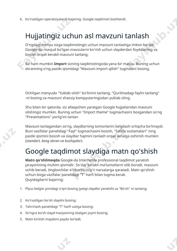 a yana bir mavzu. buning uchun ekranning o'ng pastki qismidagi "mavzuni import qilish" tugmasini bosing. ochilgan menyuda "yuklab olish" bo'limini tanlang, "qurilmadagi faylni tanlang" -ni bosing va mavzuni shaxsiy kompyuteringizdan yuklab oling. shu bilan bir qatorda, siz allaqachon yaratgan google hujjatlaridan mavzuni olishingiz mumkin. buning uchun "import theme" tugmachasini bosgandan so'ng "presentations" yorlig'ini tanlan mavzuni tanlagandan so'ng, slaydlarning tomonlarini belgilash ortiqcha bo'lmaydi. buni vazifalar panelidagi "fayl" tugmachasini bosish, "sahifa sozlamalari" ning pastki qismini bosish va slaydlar hajmini tanlash orqali amalga oshirish mumkin (standart, keng ekran va boshqalar). google taqdimot slaydiga matn qo'shish matn qo'shilmoqda google-da internetda professional taqdimot yaratish jarayonining muhim qismidir. so'zlar kerakli ma'lumotlarni olib boradi, mavzuni ochib beradi, tinglovchilar e'tiborini to'g'ri narsalarga qaratadi. matn qo'shish uchun bizga vazifalar panelidagi "t" harfi bilan tugma kerak. quyidagilarni bajaring: 1. plyus belgisi yonidagi o'qni bosing (yangi slaydlar yaratish) va "bo'sh" ni tanlang; 2. ko'rsatilgan bo'sh slaydni bosing; 3. tahrirlash panelidagi "t" …