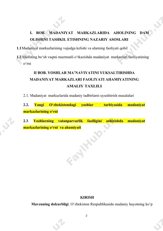 gi shundaki, birinchidan, respublikadagi havaskorlik jamoalarning faoliyati bundan keyin madaniyat markazlarida shakllantirish muhim ekanligi taqozo qilmoqda; ikkinchidan, madaniyat markazlarini mavjud badiiy ijodiy jamoalar faoliyati bilan uyg‘un holda tashkil qilish borasida amalga oshirish ishlarini aniqlash; uchinchidan, aholining bо‘sh vaqtlari yoki dam olishlarida milliy qadriyatlarni о‘zida mujassam qilgan havaskorlik jamoalari ishtirokini yо‘lga qо‘yishning dolzarligini belgilab qо‘yilishi muhim hisoblanadi. tadqiqotning obyekti va predmeti. о‘zbekistonning mustaqillik sharoitida tashkil etilgan madaniyat markazlari tadqiqotning obyekti hisoblanadi. ushbu madaniyat markazlarida faoliyat olib boradigan havaskorlik jamoalari tadqiqot ishining predmeti hisoblanadi. tadqiqotning maqsad va vazifalari. tadqiqotning asosiy maqsadi madaniyat markazlaridagi badiiy ijodiy jamoalarining faoliyatini tashkil qilishning shakllarini aniqlashdan iborat. mazkur maqsadni amalga oshirish uchun quyidagi vazifalar bajarildi: · madaniyat markazlarining tashkil qilinishi va ularning faoliyatini tahlil qilish; · madaniyat markazlarida havaskorlik jamoalarini faoliyatini tashkil qilinishining nazariy asoslarini tadqiq qilishi · о‘zbekistonda havaskorlik jamoalarining faoliyatini о‘rganish va ularni shakllantirishning о‘ziga xos xususiyatlarini yoritib berish; · madaniyat markazlarining havaskorlik jamoalarni ishlash …