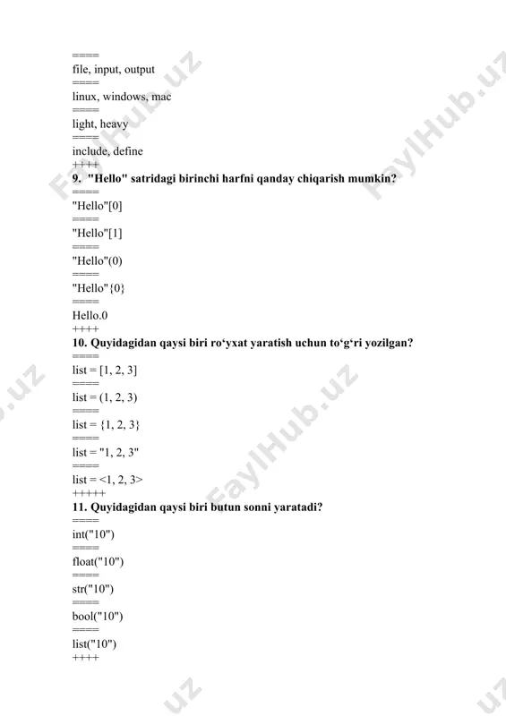 a qiladi: list.pop()? ==== oxirgi elementni olib tashlaydi ==== barcha elementlarni o‘chiradi ==== ro‘yhatni aylantiradi ==== element qo‘shadi ==== hech narsa qilmaydi ++++ 18. pythonda to‘plam (set) qanday yaratiladi? ==== set([1, 2, 3]) ==== [1, 2, 3] ==== (1, 2, 3) ==== "1, 2, 3" ==== array(1,2,3) ++++ 19. mantiqiy operatorlardan biri qaysi? ==== and ==== plus ==== cmp ==== if ==== inrange ++++ 20. 2a = 10; a += 5; print(a) natijasi nima? ==== 15 ==== 10 ==== 5 ==== 20 ==== 0 ++++ 21. a = 10; a += 5; print(a) natijasi nima? ==== 15 ==== 10 ==== 5 ==== 20 ==== 0 ++++ 22. pythonda fayl ochish uchun qaysi funksiya ishlatiladi? ==== open() ==== read() ==== file() ==== write() ==== append() ++++ 24. read() funksiyasi nimani bajaradi? ==== fayldan ma’lumot o‘qiydi ==== faylga yozadi ==== faylni yopadi ==== faylni yaratadi ==== katalog ochadi ++++ 25. write() funksiyasi …