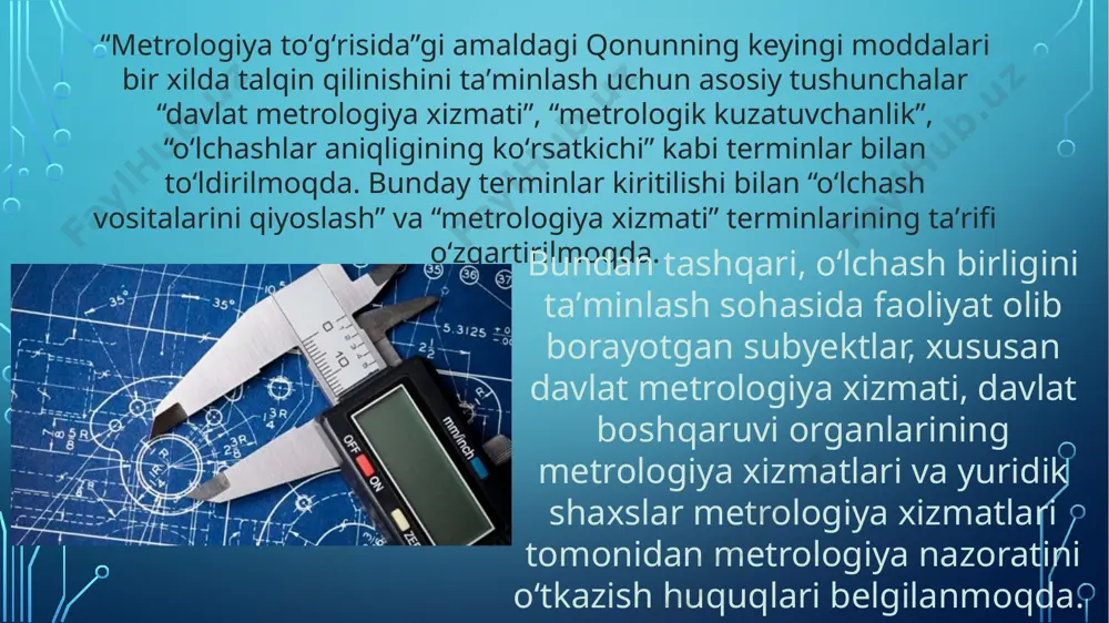 qonun normalarini xalqaro talablar bilan, xususan xalqaro qonunlashtiruvchi metrologiya tashkilotining d1 “metrologiya boʻyicha qonun elementlari” xalqaro hujjati (iii bob) va oʻlchashlar birliligini taʼminlash sohasidagi asos boʻluvchi davlatlararo hujjatlarning qoidalariga uygʻunlashtirish maqsadida ishlab chiqildi. e’tiboringiz uchun rahmat! yangiyer-2023 image4.jpeg image5.jpg image6.png image7.jpg image8.png image9.png image2.png image3.png