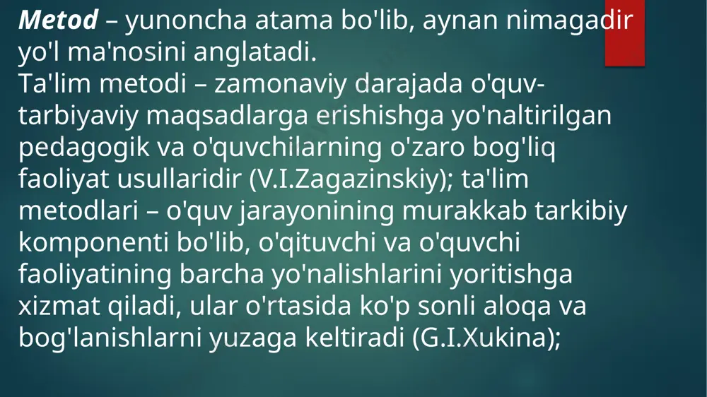 g'liq. ta’lim metodlari klassifikatsiyasi t. a. ilina olimlarning tasniflarini umumlashtirib, yu. k. babanskiyning tasnifini ma'qullagan va tasniflashning quyidagi tartibini tavsiya etgan: -yangi bilimlarni berish metodlari (o'qituvchining so'zlariga tayangan holda berish uchun foydalanilgan tushuntirish, hikoya, maktab ma'ruza); -yangi bilimlar o'zlashtirilishi, mustahkam malakalar shakllanishi uchun foydalaniladigan metodlar: suhbat, ekskursiya, eksperiment va laboratoriya ishi, darslik va kitob bilan ishlash, o'yin, mashqlar; -darsning har bir bosqichida foydalansa bo'ladigan texnik vositalar bilan ishlash metodlari; -mustaqil ish. ta’lim metodlarini tanlashda quyidagi mezonlarga tayaniladi 1) ta’lim metodlarini ta’lim maqsadi va vazifalariga mos kelishi; 2) ta’lim metodlarini ta’lim prinsiplariga mosligi; 3) metodlarni o'rganilayotgan mavzu mazmuniga mosligi; 4) metodlarni o'quvchilar o'quv imkoniyatlari (yosh, jismoniy, psixologik, tayyorgarlik darajasi, talabalarni tarbiyalanganligi va rivojlanganligi)ga mosligi; 5) metodlarni texnik sharoit va ta’lim uchun ajratilgan vaqtga mosligi; 6) ta’lim metodlarini o'qituvchilarning o'z imkoniyatlari (tajribasi, nazariy va amaliy tayyorgarligi, faohyatning individual stili, o'qituvchining shaxsiy sifatlari)ga mosligi. e’tiboringiz uchun rahmat !!! image6.png image2.png image3.png image4.png image5.png …