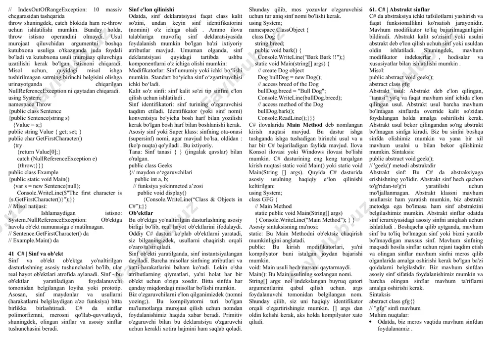 . c# ob'ektlarni dinamik taqsimlash va engil tuzilmalarni in-line saqlash imkonini beradi. c# umumiy usullar va turlarni qo'llab-quvvatlaydi, bu esa xavfsizlik va ishlash samaradorligini oshiradi. c# to'plam sinflarini amalga oshiruvchilarga mijoz kodi uchun maxsus xatti-harakatlarni aniqlash imkonini beruvchi iteratorlarni taqdim etadi. dasturlar va kutubxonalar vaqt o'tishi bilan mos keladigan tarzda rivojlanishini ta'minlash uchun c# versiyalashtirishga urg'u beradi. c# dizaynining versiyalar bo'yicha mulohazalari bevosita ta'sir ko'rsatadigan aspektlariga alohida virtual va override modifikatorlar, usullarning haddan tashqari yuklanishini hal qilish qoidalari va aniq interfeys a'zolari deklaratsiyasini qo'llab-quvvatlash kiradi. net framework — 2002-yilda microsoft tomonidan chiqarilgan dasturiy platformadir. platforma turli dasturlash tillari: c#, visual basic .net, j# va boshqalar uchun mos common language runtime (clr)ga asoslangan. clr funksiyasi ushbu platformadan foydalanadigan har qanday dasturlash tilida mavjud. .net framework hozirda .net sifatida rivojlanmoqda. bu platformada koʻp dasturlarga umumiy komponentlar va optimizatsiyalangan metodlar bor. har qanday qoʻllab-quvvatlanadigan dasturlash tilida yozilgan .net framework dasturi birinchi navbatda kompilyator …
