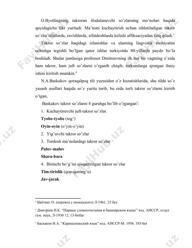 ’tadi. so’z yasalishi usulida bir hil ma’noga ega bo’lgan so’zlar qaytariladi yoki ma’nolari bir-biriga qarama-qarshi bo’lgan so’zlar keladi. buning natijasida, umumiylashtiruvchi ma’noni ifodalovchi takror so’z hosil bo’ladi: beshta-beshta, bosti-bosti, ota-ona, kuch-quvvat… takror otlarning ma’nolari ot- nutqning eng asosiy bo’lagi hisoblanib, dunyoning barcha tillarida takror so’z bo’lib kelishi va gapda turli ma’nolarga ega bo’lishi mumkin: 1. ko’plik ma’nosi. – temir yo’l yoqasiga arava-arava ketmon, bellar, lomlar, zambillar tahlandi. 2. takror ot predmet yoki harakatning solishtirilgandagi tashqi o’hshashligini ifodalaydi. bu quyidagicha ro’y beradi: • predmetning tashqi ko’rinishi solishtiriladi. – sal o’tmay yigit bir dasta qog’oz bilan kirib keldi, peshonasidan marjon-marjon ter quyardi. • shakl yoki ahvolning o’ziga hosligi ta’kidlanadi. – oyqiz tog’-tog’ pahtalarga aftun bo’lgan holda fahr bilan tikilardi. • ma’joziy ma’no. – qonning hisobi yo’q, erga shimilgan, yosh ham daryo-daryo uning komida. • eshitdik, olam-olam hursand bo’ldik. 3. takror otlar predmet miqdori haqida tasavvur beradi, aniqrog’i uning, bunday takroriy shakli leksik …