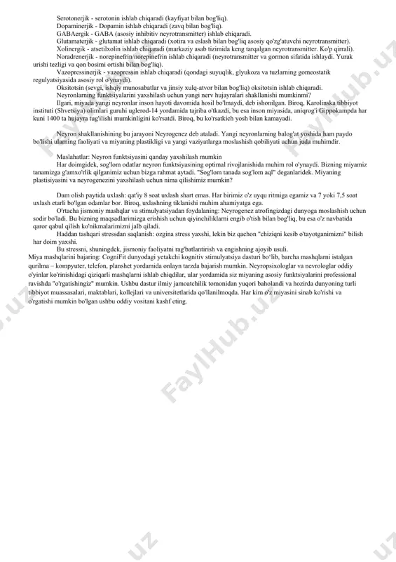 adi). neyronlarning funktsiyalari bizning tanamiz ko'plab vazifalarni bajaradi va butun asab tizimi orqali miyadan keladigan juda ko'p ma'lumotni qayta ishlaydi. natijada neyronlar ixtisoslashgan bo'lishi kerak. shu sababli, neyronlarning asosiy vazifasi axborotni qabul qilish va uzatish bo'lishiga qaramay, turli xil neyronlar mavjud: neyronlarning funktsiyalari: dvigatel yoki efferent: markaziy asab tizimidan mushaklar yoki bezlarga elektr impulslari ko'rinishidagi ma'lumotlarni uzatish uchun javobgardir. sensor yoki afferent: miyamizni tashqi dunyo bilan bog'laydigan neyronlar. bu og'riq, bosim, harorat kabi turli xil his-tuyg'ulardan, hislardan ma'lumot oladigan neyronlardir ... jumladan, ta'm va hidlar haqida "gapiradigan" ko'proq ixtisoslashgan neyronlar. o'rta / interkalar yoki assotsiatsiya neyronlari: afferent va efferent neyronlar o'rtasidagi aloqani ta'minlaydigan neyronlar. tuzilishi: unipolyar: somadan chiqadigan faqat bitta bifurkatsiyalangan jarayonga ega bo'lgan va dendrit va akson (kirish va chiqish) sifatida ishlaydigan neyronlar. ularning aksariyati sezgir neyronlardir. bipolyar neyronlar: ikkita jarayonga ega, ulardan biri dendrit (kirish) va ikkinchisi akson (chiqish) sifatida ishlaydi. ushbu turdagi neyronlar ko'zning to'r pardasida, koklea …