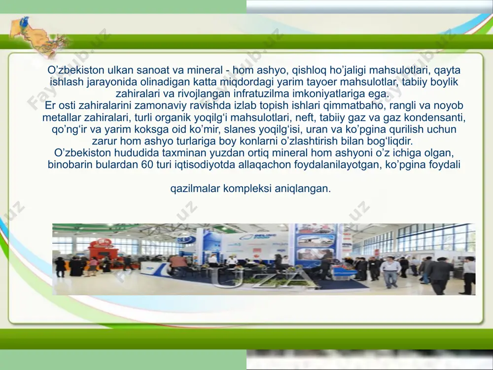 at va nodavlat sektorlarini o’z ichiga oladigan ko’pukladli iqtisodiyotni barpo etmoqda. sanoat o’zbekiston iqtisodiyoti industrial sektorining etakchi bo’ginidir. tayor mahsulotlar olish uchun zarur tarkibiy qismlar mamlakatning o’zida yaratilayotgan eqilg‘i–energetika, kon-metallurgiya, oziq-ovqat va engil sanoat korhonalarida lokalizatsiya darjasi eng yuqoridir. respublika iqtisodiyoti va aholisining elektr-enegriyasiga bo’lgan ehtiyojlarini to’la ta'minlaydi va boshqa davlatlarga eksport qiladi. o’zbekiston energetika tizimining umumiy o’rnatilgan quvvati 12,3 mln. kvt.dan ortiq bo’lgan 38 ta issiqlik va gidravlik elektrostantsiyalarida yiliga 60 mlrd. kvt.dan soatdan ortiq elektr energiyasi ishlab chiqarish imkoniyatiga ega. neft va gaz sanoatlari eqilg‘i energetikasi majmuasining eng rivojlangan tarmog‘idir. mamlakatda kimyo sanoati, qishloq ho’jaligi mashinasozligi, avtomobilsozlik, pahta tozalash sanoati, radioelektronika, elektrotehnika sanoati, qurilish va yo’l mashinasozligi, kimyo va neft mashinasozligi, qurilish materiallari sanoati, engil sanoat, ya'ni pahta tozalash sanoati hamda pillachilik, tikuvchilik, to’qimachilik, tirkotaj sanoati, mebel, oziq-ovqat kabi sanoatlar rivojlangan. o’zbekiston energetika tizimi respublika qishloq ho’jaligi mamlakat iqtisodiyotining eng muhim va yirik, mehanizatsiyalashgan tarmog‘i bo’lib aholining oziq-ovqat …