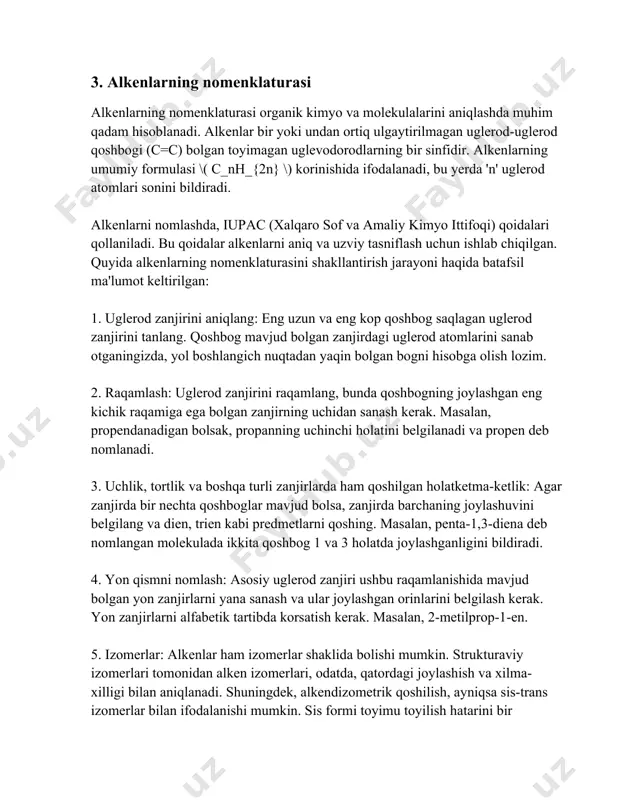 ar ham izomerlar shaklida bolishi mumkin. strukturaviy izomerlari tomonidan alken izomerlari, odatda, qatordagi joylashish va xilma-xilligi bilan aniqlanadi. shuningdek, alkendizometrik qoshilish, ayniqsa sis-trans izomerlar bilan ifodalanishi mumkin. sis formi toyimu toyilish hatarini bir tomonda saqlaydi, trans esa qarama-qarshi tomonda. 6. aks ta'sir isomerlisi: agar molekulada chiral markaz mavjud bolsa, aks ta'sir izomerlarni ham nomlash kerak bolishi mumkin. bunday hollarda 'e' yoki 'z' belgilar qollaniladi. z shakli (zusammen) molekulalarning asosiy qismi bir tomonda joylashganda ishlatiladi, e shakli (entgegen) esa molekulalari qarama-qarshi tomonda bolsa ishlatiladi. alkanlar bilan taqqoslaganda, alkenlarning yuqori reaktivligi ularning uglerod-uglerod qoshbogi bilan bogliq. bu qoshbog molekulaga qoshimcha kimyoviy xossa beradi, chunki u alkanlarga qaraganda osonroq reaksiya kirishadi. qoshbogning reaktivligi alkenlarning polimerlashuviga, gidrojenlashishiga, gidrogalogenlashishiga va boshqa koplab reaktsiyalariga sabab boladi. alkenlar kimyo sanoatida, plastiklar va sintetik materiallar ishlab chiqarishda va joylashgan boshqa sanoat jarayonlarida keng qollaniladi. ularning yuqori reaktivligi sababli, alkenlar kop alyevya tarkibidagi kimyoviy moddalarning asosiy tarkibiy qismlarini ifodalaydi. …