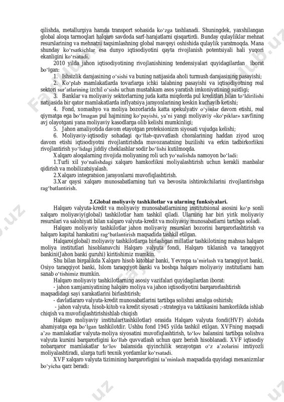6,1% va indoneziyada +4,4% о‘sishga erishildi. dunyo davlatlari ichida ishlab chiqarish makaoda +13,2%, ozarbayjonda +9,3 % va qatarda +9,2 % ga о‘sdi. о‘tgan yili dunyo bо‘yicha jon boshiga tо‘g‘ri keladigan о‘rtacha daromad taxminan 2% ga kamaydi, ya’ni 10,500 aqsh $ ni tashkil etdi hamda ishsizlik darajasi 2008 (7%) ga nisbatan ham о‘sib jahonda о‘rtacha 9 % ni tashkil qildi. asosiy kapitalga yо‘naltirilgan investisiyalar esa 4% ( 800 millard aqsh $) ga qisqardi. byudjet defitsiti esa dunyodagi har 5 mamlakatdan 4 tasi da kuzatildi. bunga sabalardan homashyo mahsulotlar narxining tushishi, kredit berishdagi kо‘plab cheklovlar hamda davlatlarning protektsionizm siyotatining unchalik qattiq qо‘llamasligi orqali tovarlarga nisbatan talabning kamayib ketishiga olib keldi. shu bilan bir qatorda davlatlarning tashqi qarzdorligi oldingi yilga nisbatan о‘rtacha 6% ga kamaydi, chunki halqaro banklarning yangi kredit ajratmalari yо‘qoldi. global tanazzul aslida esa moliya bozoriga nisbatan ishonchsizlikning oshishi, banklarning tanazzuli, kredit ajratmalarining qisqarishi, ipoteka bozorlaridagi narxlarning tushib ketishi, kapital qо‘yilmalarning …