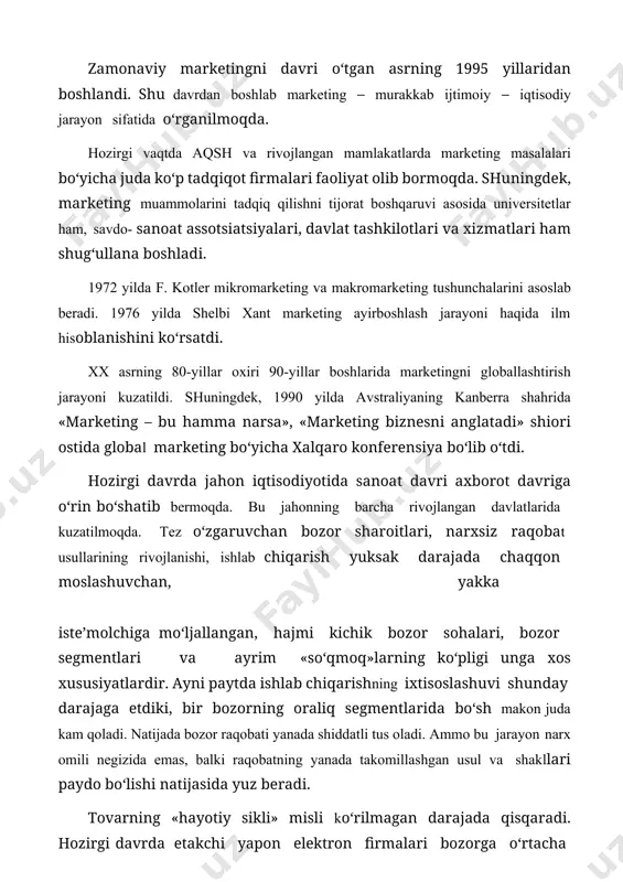 iyasining ta’rifi keltirilgan. 28 marketing konsepsiyasi bu boshqaruv falsafasidir. u esa, tovar ishlab chiqaruvchilarga is’temolchilarning ehtiyojlarini qondirish natijasida foyda olishlari uchun yordam beradi. buning uchun har kuni va uzoq muddat davomida quyidagilarga diqqat e’tiborni jalb etish lozim: • tadbirkorlik faoliyatini faollashtirishga; • bozorga; • is’temolchilarning maqsadli guruhlariga; • bosh strategik maqsadlarga. 2.1-rasm. marketing konsepsiyasining ta’rifi3 marketing va tadbirkorlik sohasida dunyo ilmi va amaliyoti marketing evolyusiyasida quyidagi konsepsiyalarni asosladi va tavsiya etdi. marketing konsepsiyalari • ishlab chiqarishni takomillashtirish konsepsiyasi • tovar yoki xizmatni takomillashtirish konsepsiyasi • sotishni (tijoratni) faollashtirish konsepsiyasi • sof marketing konsepsiyasi • ijtimoiy yo‘naltirilgan marketing konsepsiyasi • o‘zaro aloqaviy marketing konsepsiyasi 2.2-rasm. marketing konsepsiyalari 3 юсупов м.а., абдурахмонова м.м. маркетинг. – т.: иқтисодиёт, 2019.-190 б. 29 ko‘rsatib o‘tilgan marketing konsepsiyalari har bir mamlakat uchun standart, norma yoki qoida sifatida ko‘rilmasligi kerak. 2.2-jadval marketing konsepsiyasi evolyusiyasi4 yillar konsepsiya asosiy g‘oya asosiy vosita asosiy maqsadi 1860-1920 ishlab chiqarishni takomillashtirish imkoniyati …