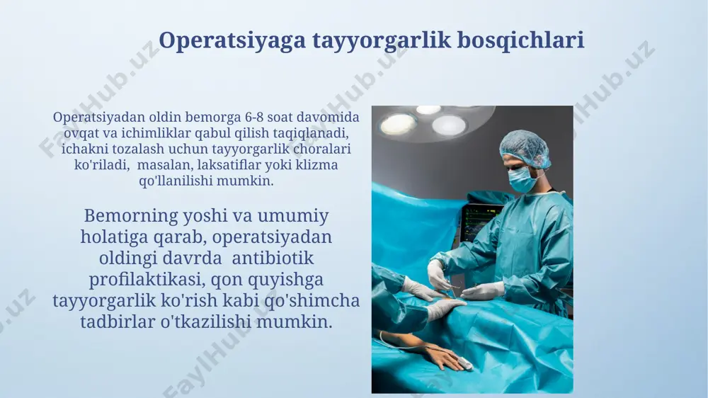 i. biliyer atreziya operatsiyalarida 1- bosqich kasai operatsiyasi muvaffaqiyat darajasi 50-70% ni tashkil etadi, bu esa keyingi bosqichlarda jigar transplantatsiyasi ehtimolini oshiradi. biliar atreziya: kasallikning kelib chiqishi va patogenezi kasallikning patogenezi hali to'liq aniqlanmagan bo'lsa-da, genetik omillar, virusli infektsiyalar va immunologik jarayonlarning roli taklif qilinmoqda, bu esa safro yo'llarining fibroziga va atreziyasiga olib keladi. safro yo'llarining obstruktsiyasi bilurubinni to'planishiga, jigar hujayralarining shikastlanishiga va portal gipertenziya kabi jiddiy asoratlarga olib keladi, bu esa o'lim xavfini oshiradi. biliar atreziya: postoperatsion davr va reabilitatsiya kasalxonadan chiqarilgandan keyin 1 yil davomida muntazam tibbiy nazorat, jigar funksiyasi testlari va ultratovush tekshiruvlari muhim ahamiyatga ega, kamida 3 marta. biliyar atreziya operatsiyasidan keyingi 1-3 oy ichida bolaning oziq-ovqat hazm qilish tizimining tiklanishi kuzatiladi, jigar funksiyasi ko'rsatkichlarining asta-sekin yaxshilanishi 6 oygacha davom etadi. laparoskopik splenektomiya: umumiy ma'lumot jarrohlik davomida 5-10 mm li kichik teshiklar orqali maxsus asboblar va laparoskopik kamera qo'llaniladi, bu esa minimal invaziv protsedura bo'lib, katta …