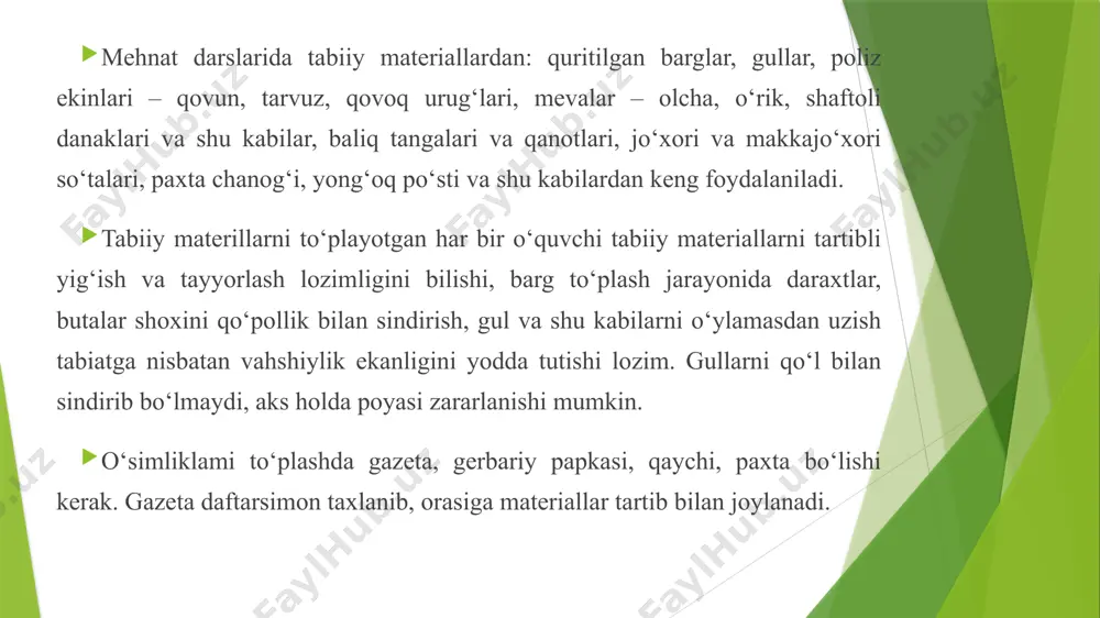 r uchun kerakli material bo‘lib ham xizmat qiladi . o‘quvchilarda ilk yoshligidan boshlab ona tabiatga qiziqish va muhabbatni , undagi go‘zalliklarni ko‘ra bilishni tarbiyalash kerak . tabiiy materiallar bilan ishlash ularni tabiatni kuzatishga majbur qiladi . kuzatishlar esa badiiy ijodiy qobiliyatlarni , konstruktorlik g‘oyasini , tushunchalarning aniqligini uyg‘otadi . turli tabiiy materiallar bilan ishlash , turlicha ishlov berilishini , turli asboblardan foydalanishni talab qiladi va ularni ishlatish bilim , ko’nikma , malakalarini beradi . turli tabiiy materiallarni to‘plash o‘qituvchi qo‘ygan maqsadga bog‘liq bo‘ladi . o‘quvchilar ko‘rib chiqilgan va batafsil muhokama qilingan yoki o‘zlari o‘ylab topgan tasvir uchun material to‘playdilar . yoki aksincha , avval turli barglarni to‘plab , keyin ishni bajarish tartibini aniqlashlari mumkin . tabiiy materiallarni o‘quvchilar dastlab o‘qituvchi rahbarligida sayr vaqtida to‘playdilar . tabiiy materillarni to‘plash jarayonida o‘quvchilar atrofdagi o‘simliklar dunyosi , hashoratlar bilan tanishadilar , daraxtlar , gullar navlarini , nomlarini , shakllarini , tabiiy materiallarni qachon …