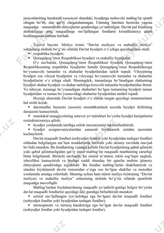 asosiy xulosa shuki, davlat byudjeti deyilganda, eng avvalo, ikki tushunchaning qo‘shilishini tushunmoq kerak: 1) davlat miqyosida yalpi ichki (milliy) mahsulotni taqsimlash natijasida vujudga keladigan iqtisodiy (moliyaviy) munosabatlar (iqtisodiy kategoriya); 2) shu kategoriyaning namoyon bo‘lish shakli sifatida davlatning asosiy moliyaviy rejasi. yalpi ichki (milliy) mahsulotni taqsimlashning moliyaviy instru-menti (vositasi) sifatida davlat byudjeti boshqa xususiyatlarga ham ega. agar moliya yordamida taqsimlash qiymatning shakllari o‘z-gargan sharoitda va ko‘plab oldi-sotdilar natijasida amalga oshi-rilsa, yalpi ichki (milliy) mahsulotning davlat byudjeti orqali taq-simlanishi ma’lum darajada, almashuvdan ajralgan holda sodir bo‘ladi. qiymatning davlat byudjeti orqali harakatlanishi mod-diy mahsulotning harakatidan to‘liq uziladi va sof qiymat harak-terini kasb etadi. faqat davlat byudjetidan tashqarida, byudjet re-surslari sarflanayotganda taqsimlash va almashuv operatsiyalari-ning qayta qo‘shilib ketishi sodir bo‘ladi. moliya tizimining boshqa barcha bo‘linmalari va iqtisodiy (mo-liyaviy) kategoriyalar (baho, ish haqi, kredit va boshqalar) bilan chambarchas bog‘liqligi ham davlat byudjetiga xos xususiyatdir. davlat byudjetining mohiyatini ochib berishda u orqali amalga oshiriladigan taqsimlash jarayonlarining …