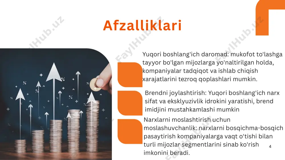 raqobatbardosh bozorlarda marjalar nozik bo'lib, rentabellikni cheklashi mumkin. cheklangan farqlash: faqat narxga tayanish, ajralib turishni qiyinlashtiradi, chunki iste'molchilar faqat narxga e'tibor berishadi. narxlar urushi xavfi: agar barcha kompaniyalar bir-birini kamsitishda davom etsa, bu pastga qarab barqaror poygaga olib kelishi mumkin. 17 misollar: calle cualquiera 123, cualquier lugar supermarketlar ko'pincha sut va non kabi mahsulotlarni raqobatchilarnikiga o'xshatib baholaydilar, bu esa xaridorlarni muhim mahsulotlarni yaxshiroq sotish uchun do'konlarini almashtirishdan saqlaydi. 18 tavsif: xarajat-plyus narxlash, shuningdek, qo'shimcha narxlash sifatida ham tanilgan, mahsulot ishlab chiqarish xarajatlariga qat'iy foiz yoki dollar miqdorini qo'shishni o'z ichiga oladi. ushbu yondashuv sodda va talab bo'yicha bozor tadqiqotlarini talab qilmaydi, bu uni qo'llashni osonlashtiradi. cost-plus pricing 19 qachon foydalanish kerak: narx-plyus narxlari barqaror va prognoz qilinadigan ishlab chiqarish xarajatlari yoki talabni prognoz qilish qiyin bo'lgan mahsulotlar uchun yaxshi ishlaydi. bu, shuningdek, ishlab chiqarish xarajatlari ustiga foyda marjasi kafolatlangan davlat shartnomalari uchun ham foydalidir. xarajat-plyus narxlaridan foydalanadigan kompaniyalar: chakana sotuvchilar, …