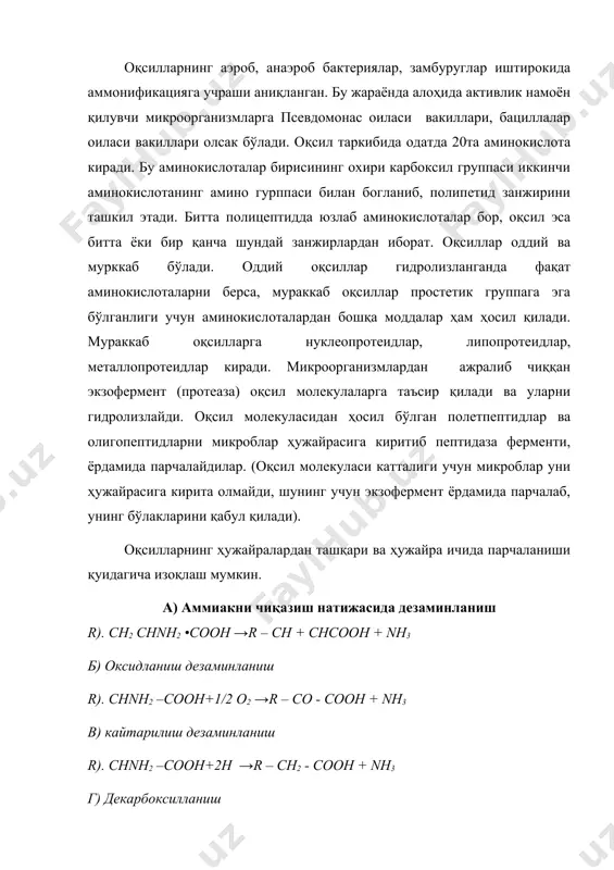 co2 шу жараёнлардан кейин ҳосил бўлган аминокислоталар минераллашади (треонин, метионин ва х.к.) углерод қолдиқларидан эса турли органик бирикмалар ҳосил бўлади со2 чиқиб кетади. бу анаэроб ва аэроб шароитларида боради. микроблар фақат оқсилларни эмас, нуклеин кислоталарни ҳам парчалайдилар. уларнинг гидролизланишидан қанд, фосфор кислотаси (пурин асосли) аденин, гуанин, (пиримидин асосли) цитозин, уроцил, тимин моддалари ҳосил бўлади. кейин жараён яна давом этиб қанд моддалари яна оксидланиб со2 ва н2о ҳосил қилади. шунингдек, микроорганизмлар томонидан мочевина, группу кислота, хитин ва бошқа моддалар ҳам аммонификацияга учрайдилар. нитрификация ва унинг босқичлари. нитрификация – тупроқ, гўнг, сувда органик моддалар парчаланишидан ҳосил бўлган аммиакнинг оксидланиб нитрит ва кейин нитратларга айланиши жараёнидир. бу жараёнда қатнашадиган микроорганизмлар аниқлаш устида луи пастердан бошлаб кўп олимлар ишлаганлар. аммо, рус микробиологи с. н.виноградский 1890-1892 йилларда уларнинг соф культурасини олишга, табиатни ўрганишга муяссар бўлди. нитрафикациянинг биринчи босқичини беш авлоднинг вакиллари: нитросмонас, нитросококкус, нитрососпира, нитросолобус ва нитросовибрио вакиллари амалга оширсалар, иккинчи босқичини нитробактер, нитроспира, нитрококкус …