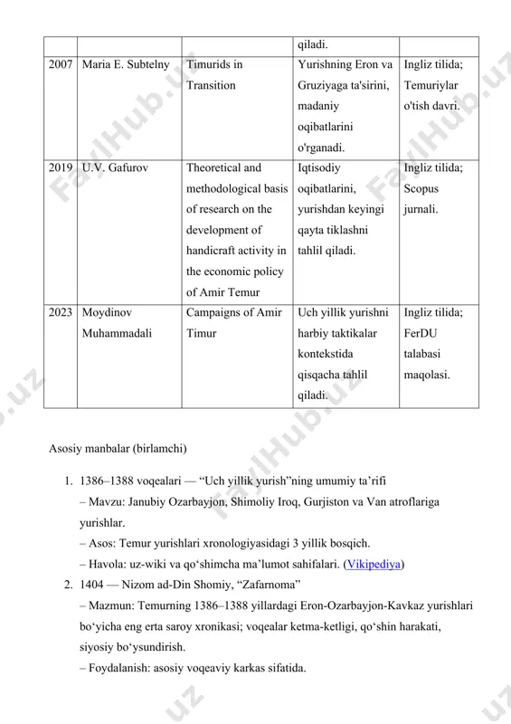 arafkashlikni ochish va taqqoslash. – havola (arabcha/inglizcha nashrlar): https://archive.org/details/ajaibalmaqdurfia00ibna; https://archive.org/details/tamerlaneortimurthegreatamir-ahmedibnarabshah. (wikipedia) 7. 1403–1406 — ruy gonsales de klavixo, “el embajador a tamorlán” (embassy to tamerlane) – mazmun: g‘arb elchisining bevosita kuzatuvlari; 3 yillik bosqichdan so‘ng imperiyaning kavkaz-eron yo‘nalishidagi siyosiy-harbiy natijalari va logistikasini ko‘rsatadi. – foydalanish: tashqi manba sifatida saroy va hududiy barqarorlashuvni tekshirish. – havola: https://archive.org/details/b31354932. (vikipediya) 8. 14–15-asr o‘rta asr gruzin annallari (“kartlis tskhovreba”) — (qo‘shimcha birlamchi) – mazmun: gurjiston yo‘nalishidagi reydlar, bo‘ysundirish va qarshiliklar; kavkaz epizodlarini lokal manba orqali tekshirish. – foydalanish: mintaqaviy voqealarni xoch-tekshiruv. – havola (timuriylar-gruziya bog‘liq materiallar uchun umumiy ma’lumot sahifasi). (wikipedia) qo‘shimcha adabiyotlar (ikkilamchi) 1. 1986 — h. r. roemer, “timur and his successors in iran” (the cambridge history of iran, vol. 6) – yadro fikr: 1386–1388 bosqichining siyosiy-harbiy dinamikasi; eron-ozarbayjon-gurjiston yo‘nalishlarining integratsiyasi. – foydalanish: yirik sintez, xronologiya va kontekst. – havola: cambridge up sahifasi va ochiq bo‘laklar. (encyclopedia britannica) 2. 1999 — beatrice …