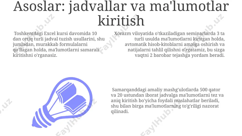 am o'sishni esa sariq rang bilan ajratib ko'rsatish mumkin. shartli formatlash yordamida toshkentdagi 1000 dan ortiq xodimlar ro'yxatini ularning maosh miqdoriga (masalan, 3 milliondan yuqori bo'lsa, qizil rangga) qarab ranglash mumkin. shartli formatlash funksiyasi 3 ta asosiy mezon: qiymat, formula va shartli formatlash to'plamlaridan foydalanib, ma'lumotlarni 10 ta turli shaklda taqdim etish imkonini beradi. e'tiboringiz uchun rahmat @taqdimot_robot image1.jpeg image2.jpeg image3.jpeg