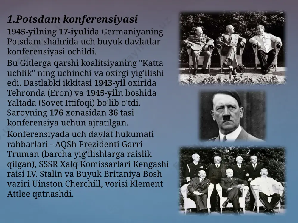 ashni maqsad qilgan. biroq, ko'plab qarorlar endi kuchga kirmadi, sharq va g'arb o'rtasidagi nizo ittifoqchilarning bo'linishiga olib kelganida, mamlakat ikkiga bo'lindi. potsdam konferensiyasida stalin germaniyaga taslim bo'lganidan keyin uch oydan keyin yaponiyaga qarshi urush e'lon qilish majburiyatini yana bir bor tasdiqladi. ittifoqchilar, shuningdek, potsdam deklaratsiyasini imzolab, yaponiyadan so'zsiz taslim bo'lishlarini talab qilishdi. 2-avgust kuni bo'lib o'tgan "berlindagi uch davlat konferensiyasining xabari" da aytilishicha, "prezident truman, generalissimo stalin va bosh vazir attlee ushbu konferensiyani tark etmoqdalar, bu uchta hukumat o'rtasidagi aloqalarni kuchaytirdi va ularning hamkorligi va tushunish doirasini yangi ishonch bilan kengaytirdi. ularning hukumatlari va xalqlari boshqa birlashgan millatlar tashkiloti bilan birgalikda adolatli va mustahkam tinchlikni o'rnatilishini ta'minlaydilar. sharqiy prussiyaning sohil bo`yi keinsberg shahri bilan birga sssrga berildi.qolgan qismi polshaga o`tkazildi. polsha va sssrga o`tgan hududlarda yashovchi 9 mln dan ortiq nemislar ko`chirildi. uch davlat ishg`ol etgan hududlarda saqlanayotgan harbiy asirlar almashiniladigan bo’ldi.germaniya to`laydigan tovon 20 mlrd dollar miqdorida belgilandi. uning …