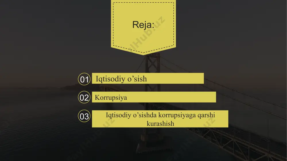 oʻyuvchi asosiy sabablardandir. iqtisodiy oʻsish aholi turmush darajasini oshirishga, xalq farovonligini taʼminlashga xizmat qiladi. iqtisodiy oʻsish negizida iqtisodiyotdagi yetakchi tarmoqlarning rivojlanishi turadi. iqtisodiy oʻsish ishlab chiqarishning ilgʻor tuzilmasiga, yuqori mehnat unumdorligi darajasiga, ichki va tashqi bozorda talab katta boʻlgan raqobatbardosh mahsulotlar ishlab chiqarishga, mahsulotni qulay bozorlarda sotishga tayanadi. boshqacha aytganda, iqtisodiy oʻsish mahsulot ishlab chiqarishning real hajmini muttasil qoʻpaytirib borish va ayni paytda jamiyat taraqqiyotida texnologik, iqtisodiy va ijtimoiy tavsiflarning yaxshilanib borishini anglatadi. iqtisodiy oʻsishni aniqlash va hisoblashda mamlakat iktisodiy taraqqiyotining eng umumiy koʻrsatkichi boʻlgan yalpi ichki mahsulot (yaim) asos boʻlib xizmat qiladi va iqgisodiy oʻsishning muayyan davr mobaynida real yaim hajmining ijobiy tomonga oʻzgarishini koʻrsatadi. iqtisodiy oʻsish surʼatlari yaim oʻsish surʼatlarida oʻz aksini topadi. korrupsiya (lotincha: corrumpō — aynish, poraga sotilish) — mansabdor shaxsning oʻz mansabi boʻyicha berilgan huquqlarni shaxsiy boyish maqsadlarida bevosita suiisteʼmol qilishidan iborat amaliyot. mansabdor shaxslarni sotib olish, ularning poraga sotilishi ham korrupsiya deyiladi. korrupsiya davlat …