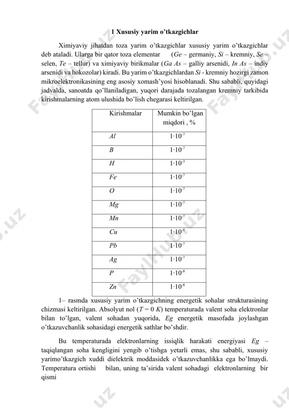 tkazuvchanlik sohasidagi energetik sathlar bo’shdir. bu temperaturada elektronlarning issiqlik harakati energiyasi eg – taqiqlangan soha kengligini yengib o’tishga yetarli emas, shu sababli, xususiy yarimo’tkazgich xuddi dielektrik moddasidek o’tkazuvchanlikka ega bo’lmaydi. temperatura ortishi bilan, uning ta’sirida valent sohadagi elektronlarning bir qismi 1 – rasm. xususiy yarim o’tkazgichning energetik diagrammasi 2 – rasm. xususiy yarimo’tkazgich valent elektronlarini tashqi ta’sir ta’sirida qo’zg’olishi qismi termik qo’zg’olib, taqiqlangan sohadan o’tkazuvchanlik sohasiga o’ta oladi-gan energiyaga ega bo’ladi ( 2 – rasm). bu holda, o’tkazuvchanlik sohasida erkin elektronlar, valent soxada esa, shu sohani tashlab ketgan elektronlarning bo’sh energetik holatlari hosil bo’ladi. bunday kristallga tashqi elektr maydoni qo’yilganda, o’tkazuvchanlik sohasida elektronlarning maydon yo’nalishiga teskari bo’lgan tartibli harakati paydo bo’ladi. valent sohada esa, o’tkazuvchanlik sohasiga o’tgan elektronlarning musbat zaryadlangan holatlarining maydon yo’nalishidagi tartibli harakati paydo bo’ladi . natijada, kristall o’tkazuvchanlikka ega bo’ladi. taqiqlangan soha kengligi kichrayishi va kristall temperaturasi ortishi bilan, o’tkazuvchanlik sohasiga elektronlar ko’proq o’ta boshlaydi va kristall …